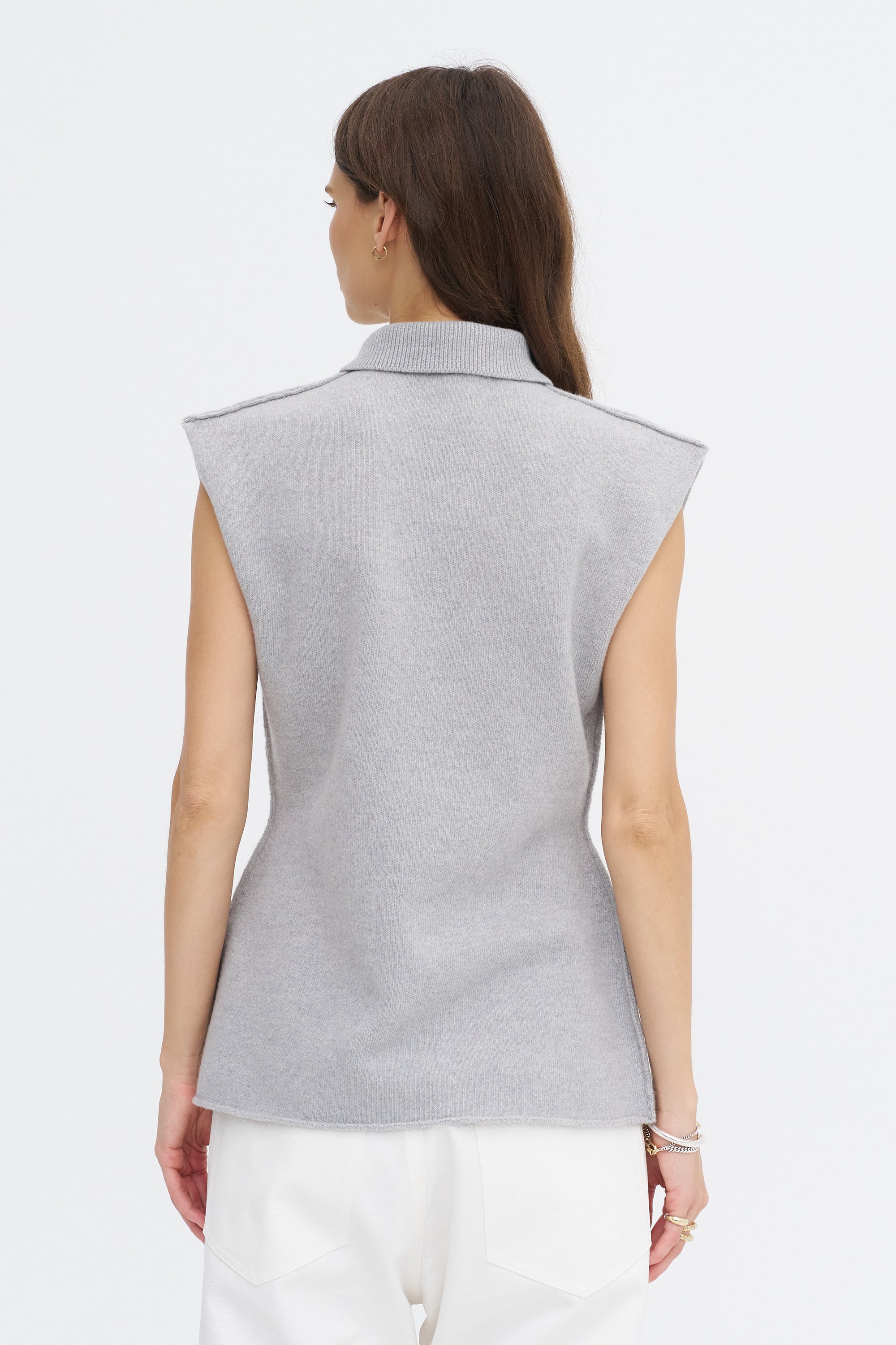 May Ycom - Sleeveless Vest With Collar, Light Grey Melange