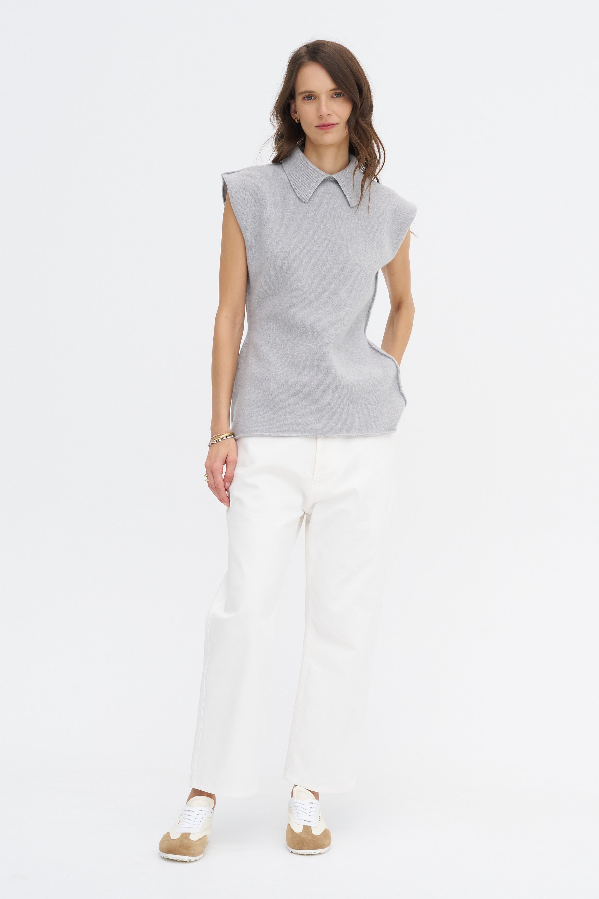 May Ycom - Sleeveless Vest With Collar, Light Grey Melange