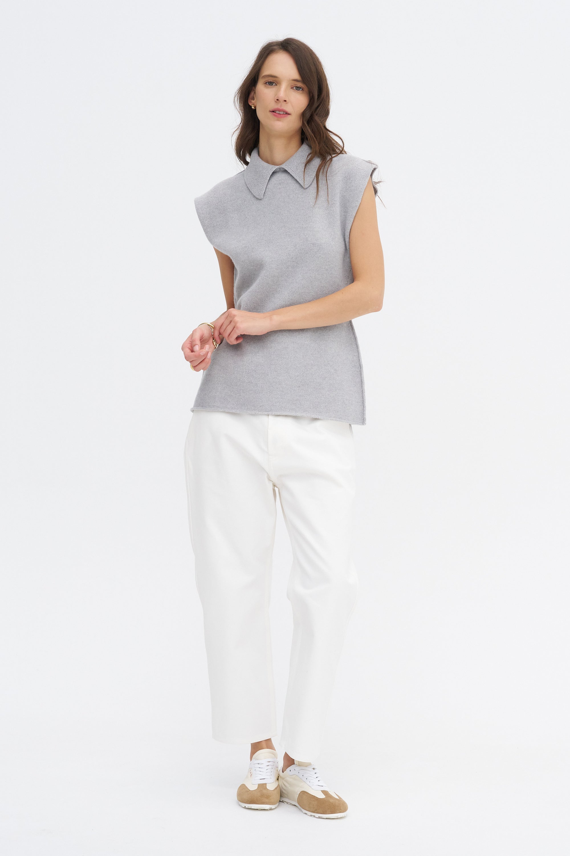 May Ycom - Sleeveless Vest With Collar, Light Grey Melange