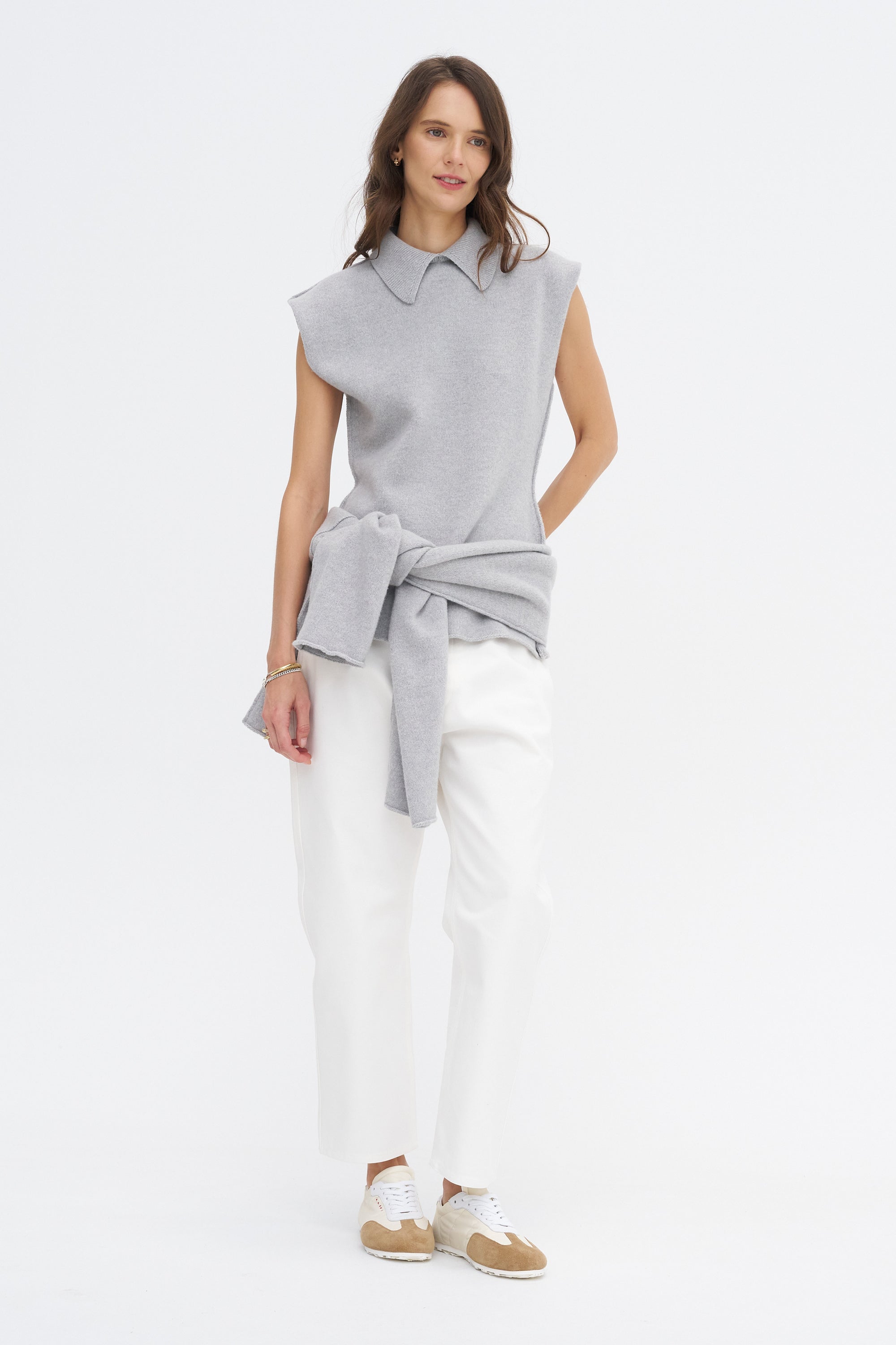 May Ycom - Sleeveless Vest With Collar, Light Grey Melange