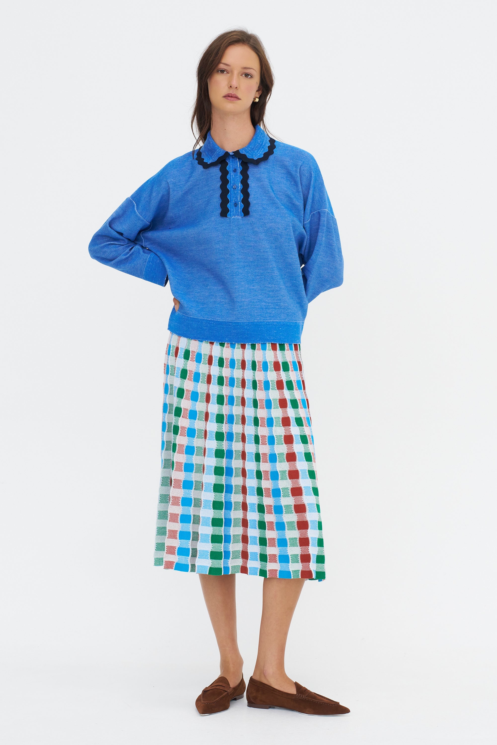 Delicate - Gingham Jacquard Knit Long Skirt, Milk Multi