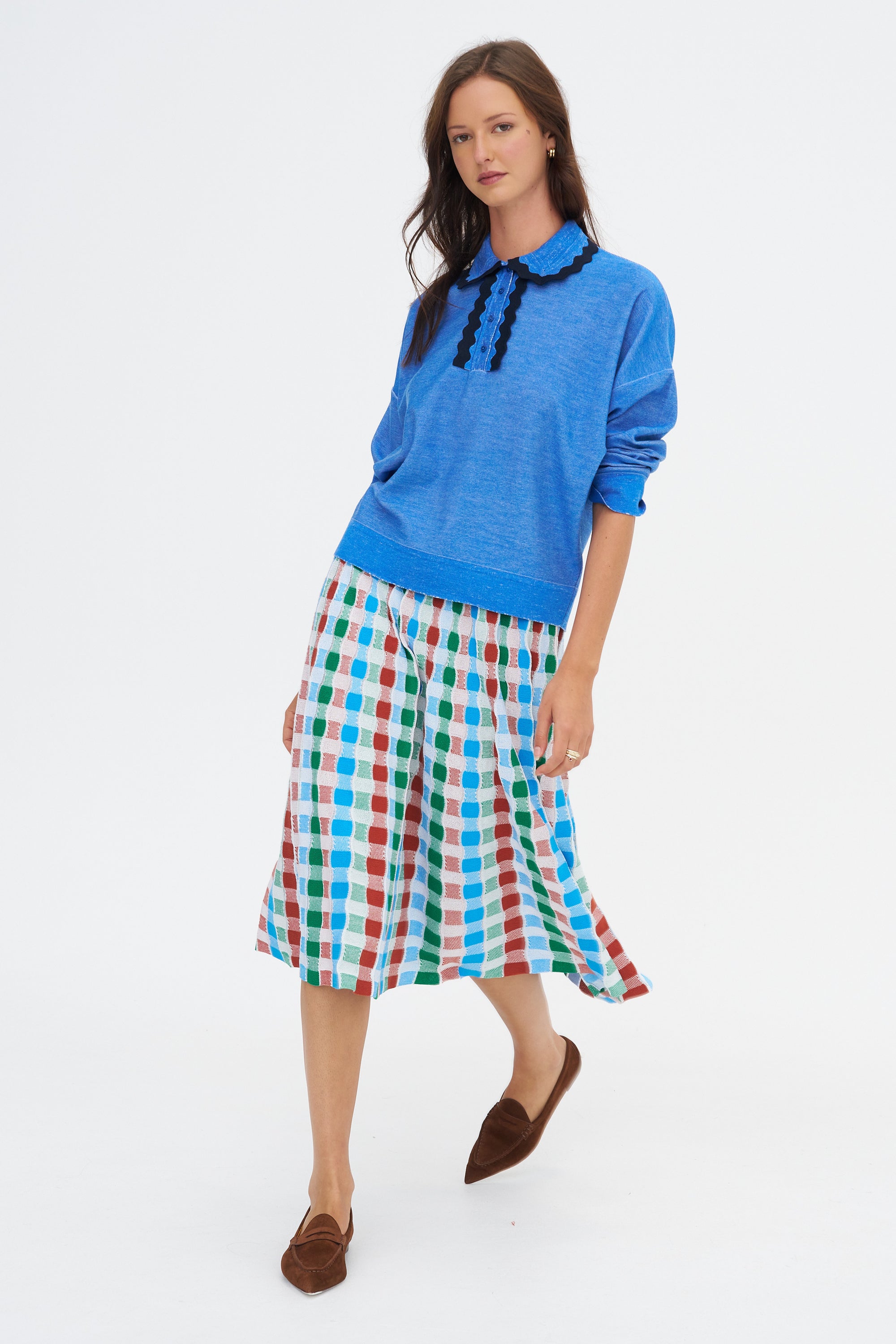 Delicate - Gingham Jacquard Knit Long Skirt, Milk Multi