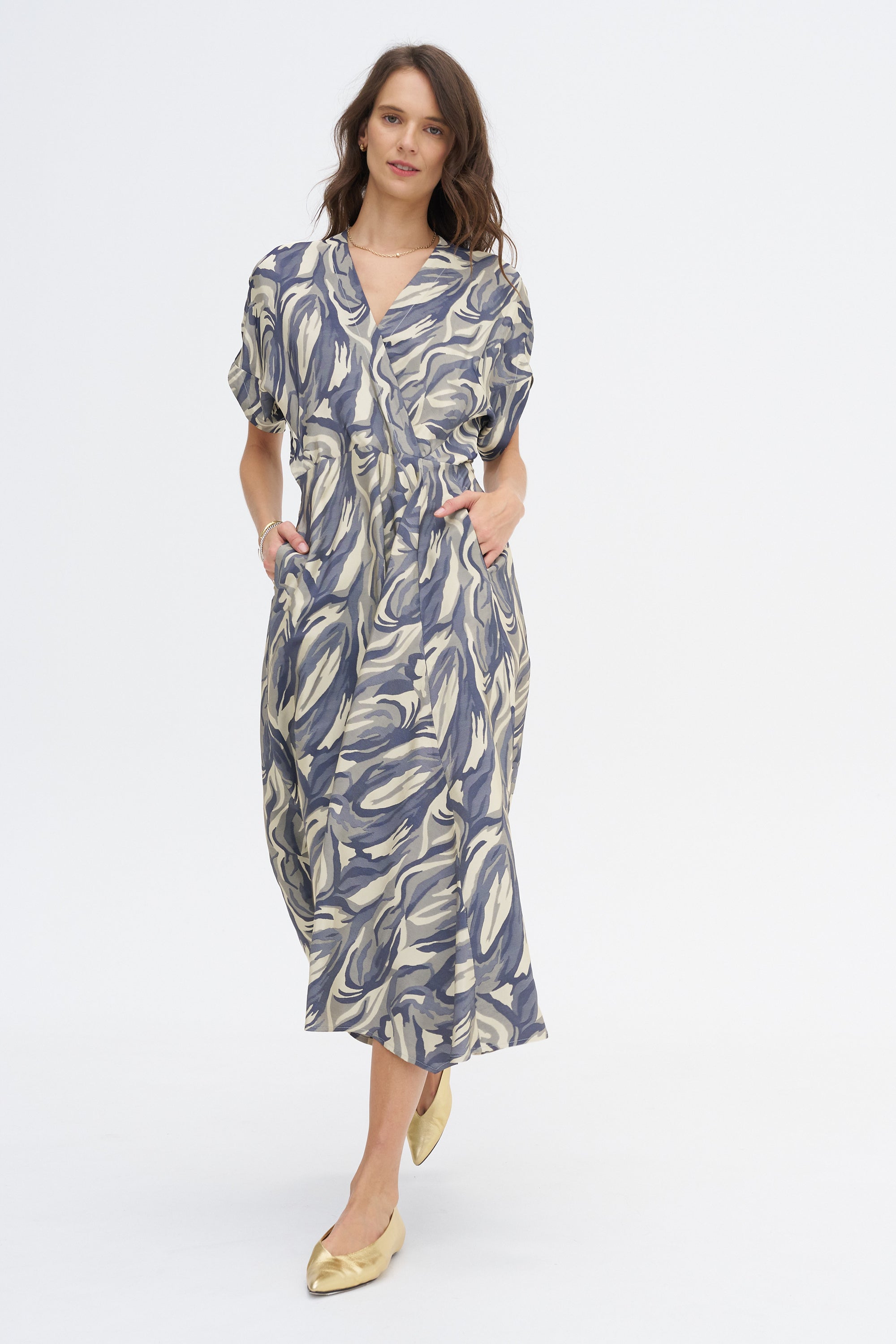 Long Aki Wave Dress, Yellow &amp; Navy