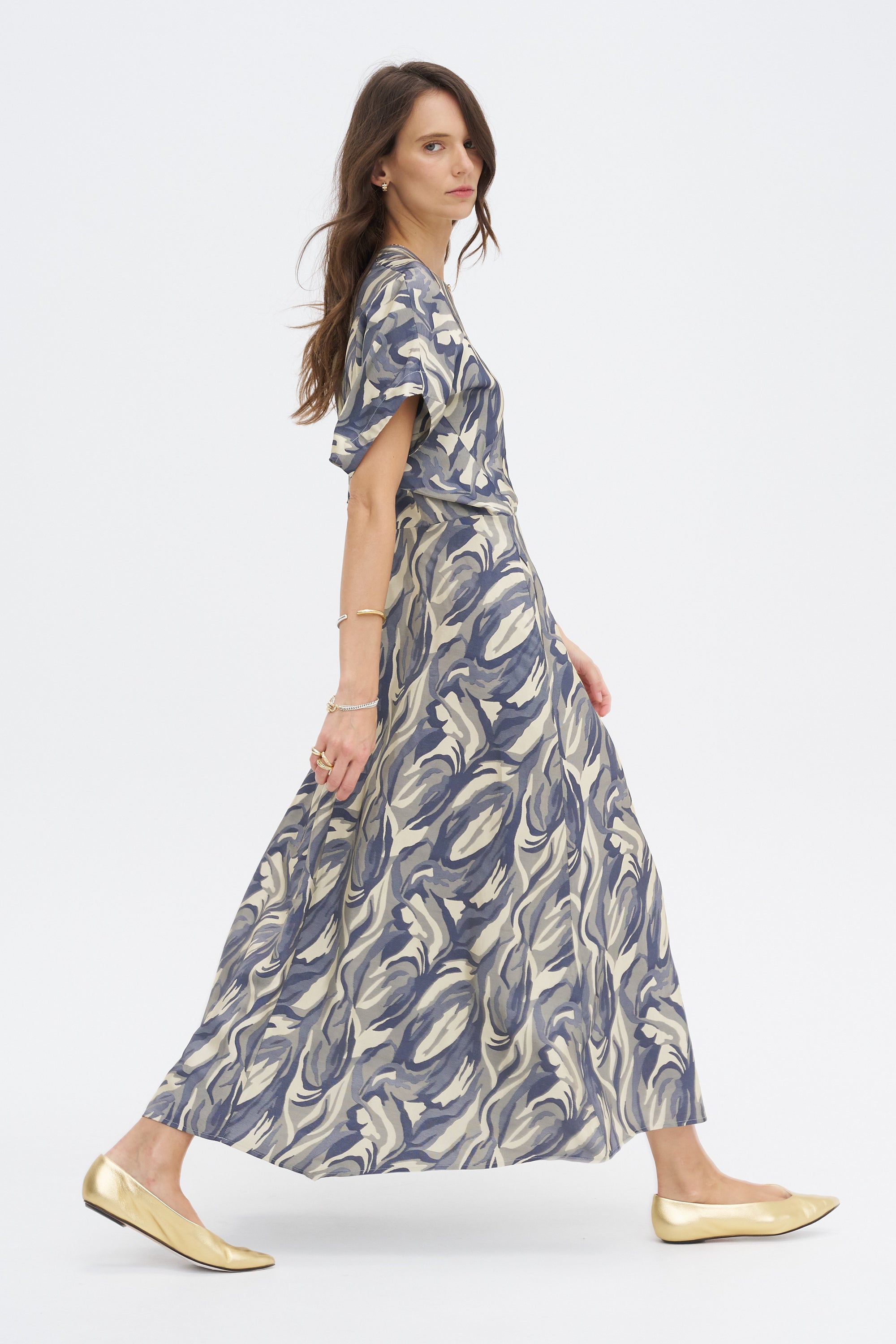 Long Aki Wave Dress, Yellow &amp; Navy