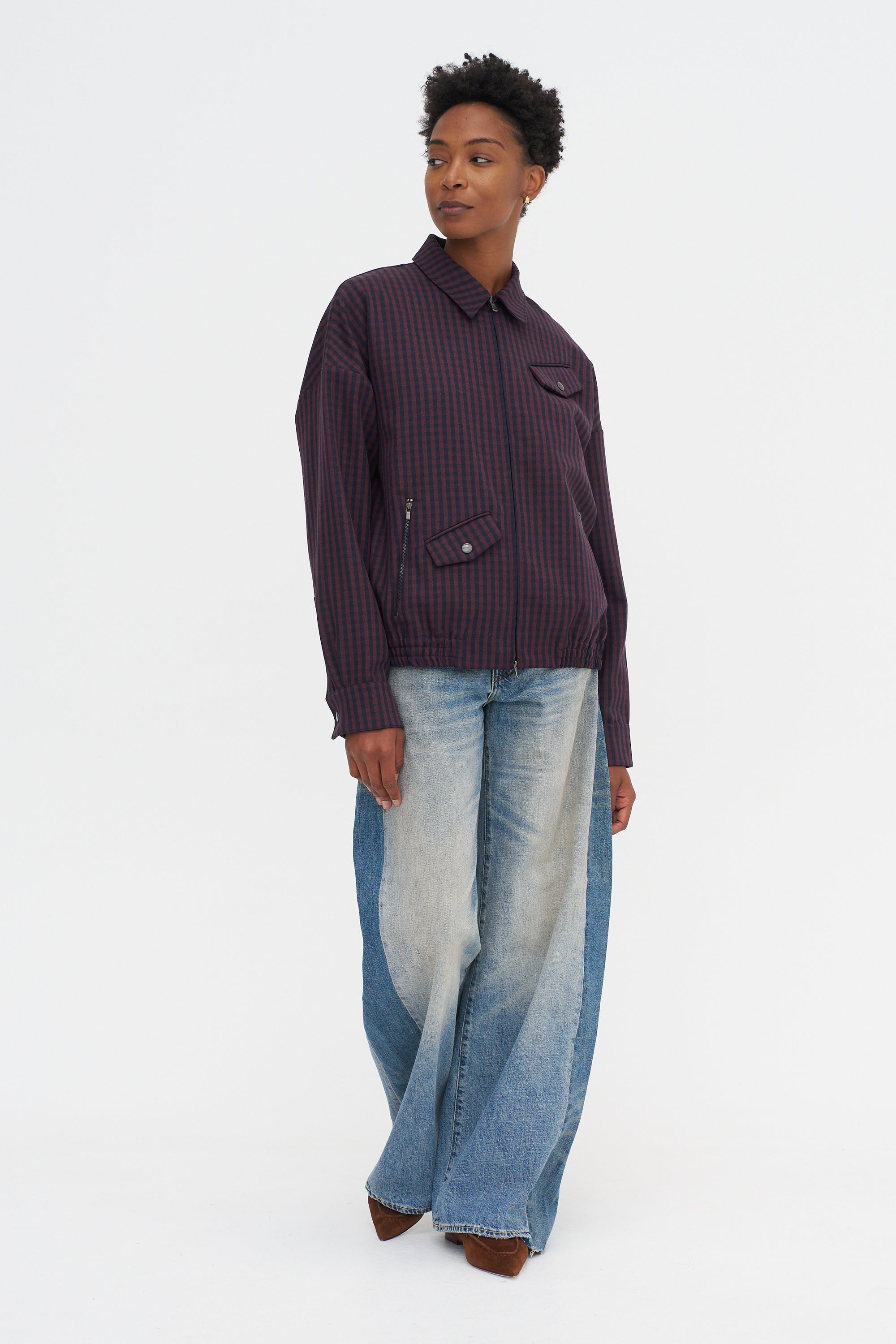Jules Wool Gingham Bomber Jacket, Wine &amp; Navy Multi