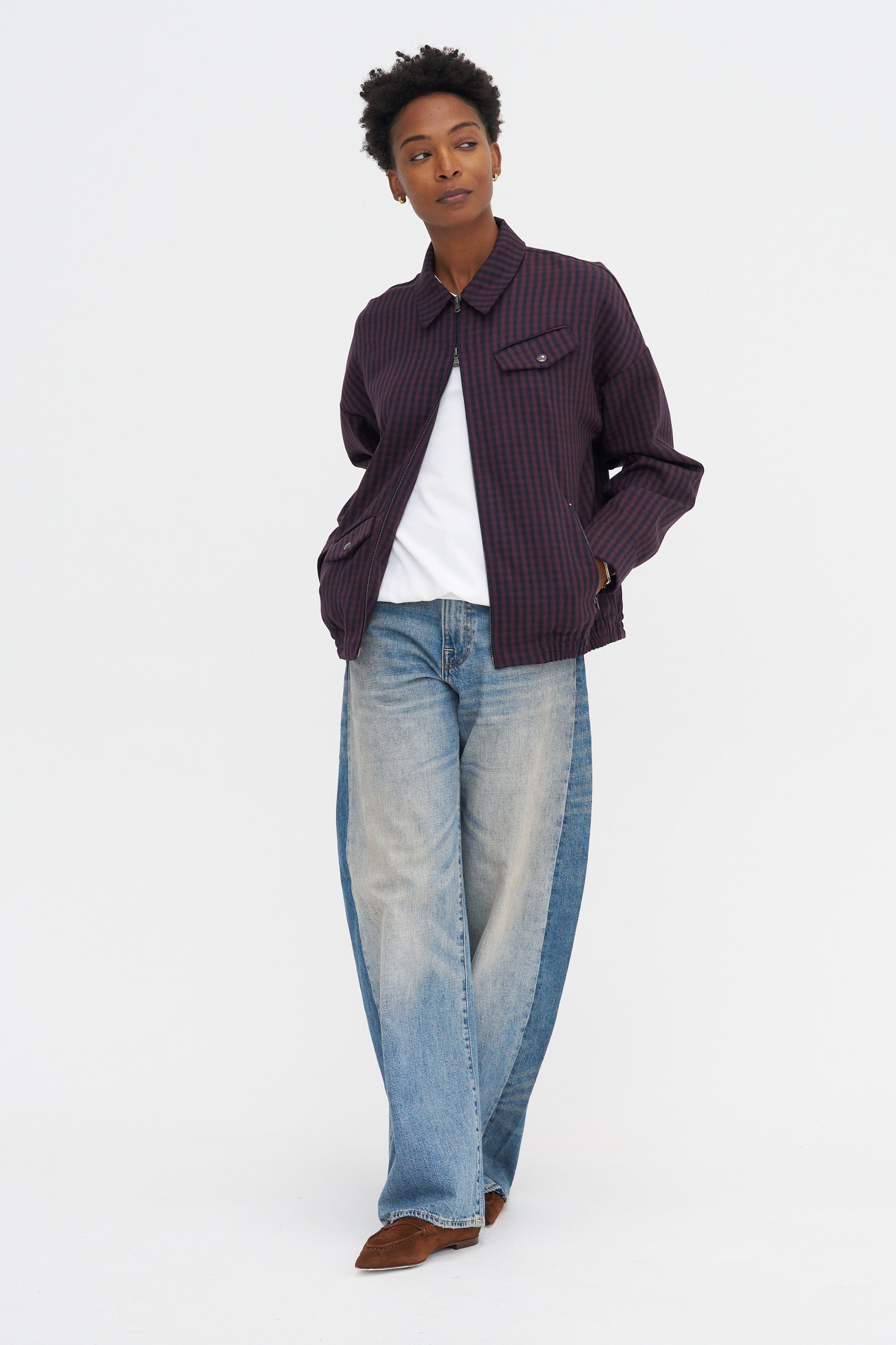Jules Wool Gingham Bomber Jacket, Wine &amp; Navy Multi