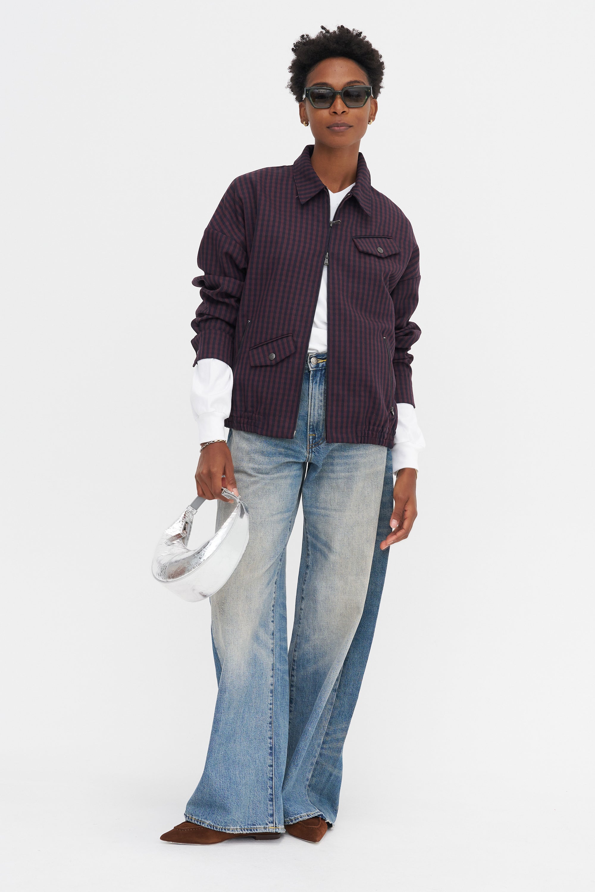 Jules Wool Gingham Bomber Jacket, Wine &amp; Navy Multi