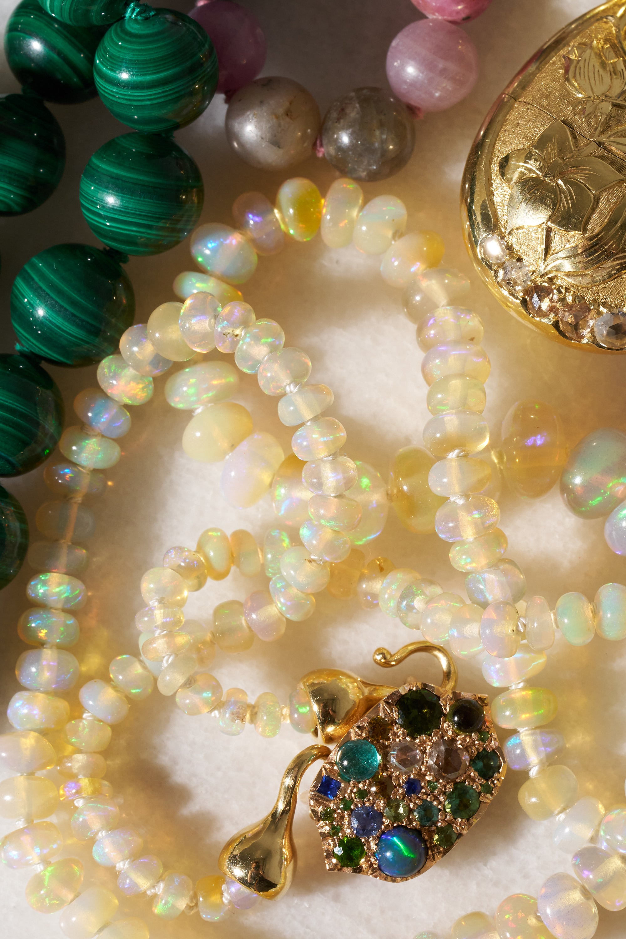Opal Bead Necklace - 45CM, Yellow Gold