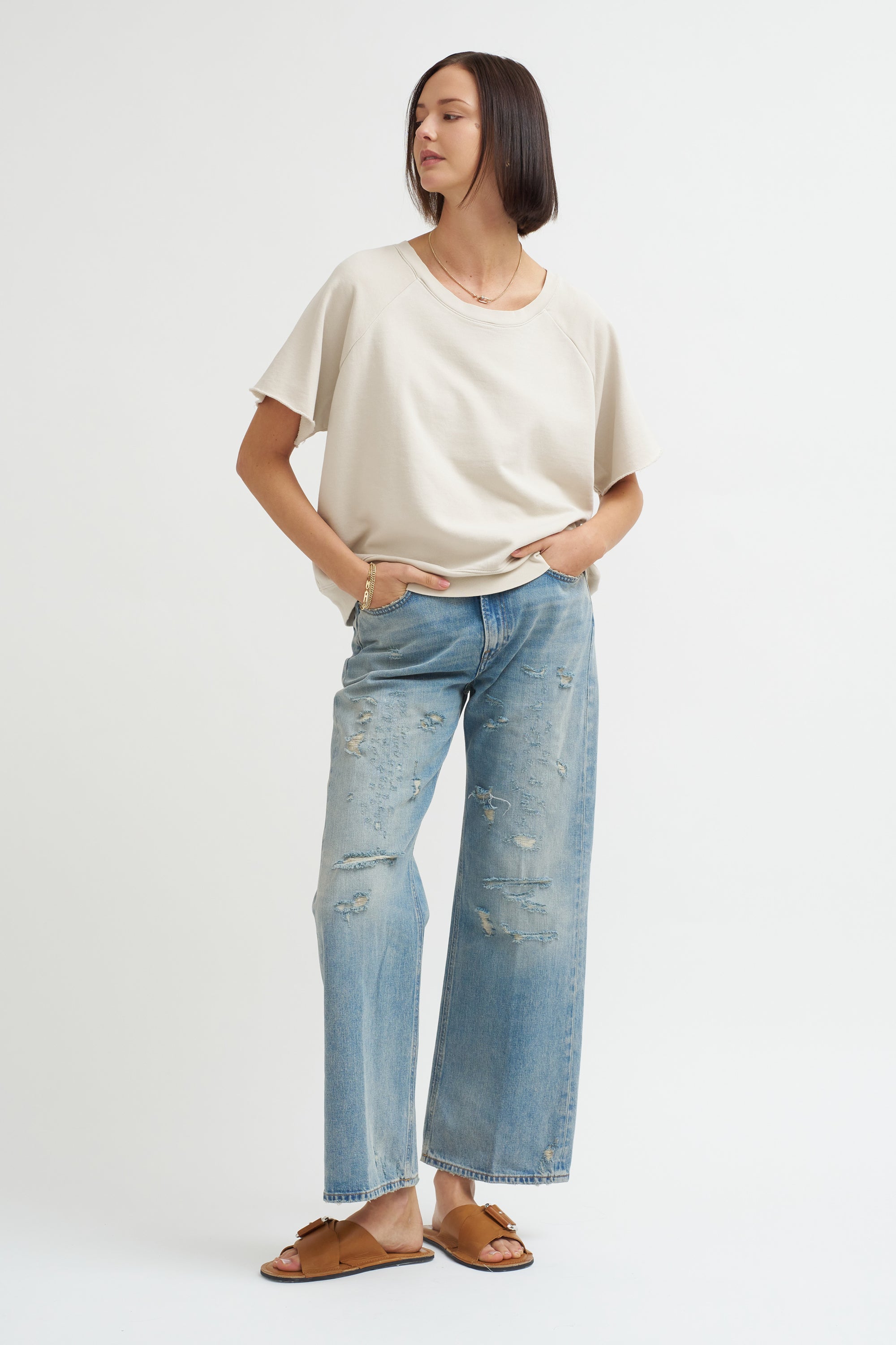 Fleece Short Sleeve Crewneck, Greige