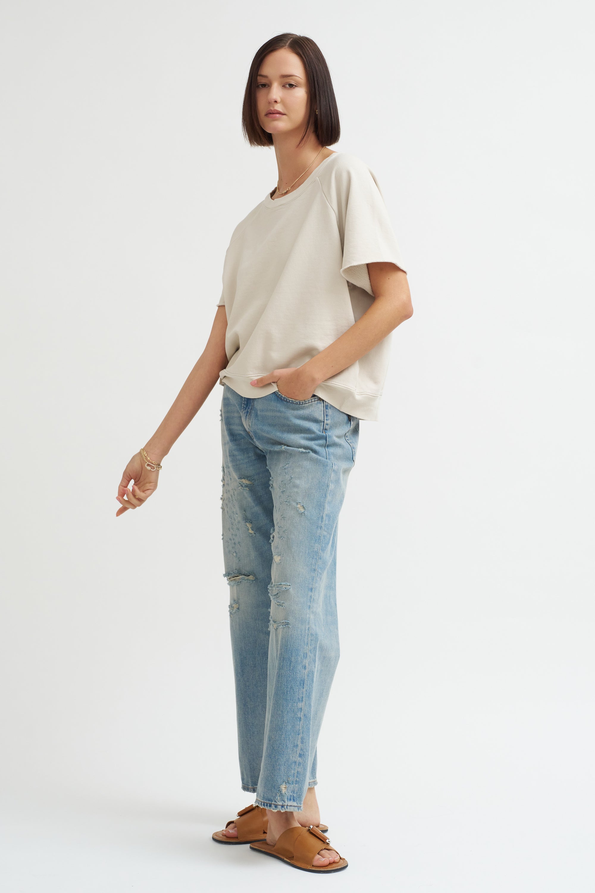 Fleece Short Sleeve Crewneck, Greige