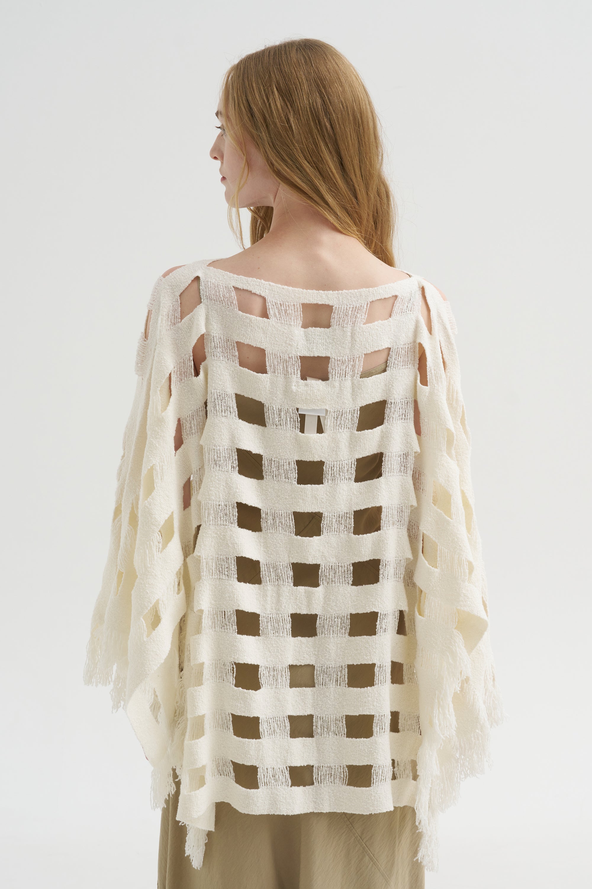 Handwoven Grid Poncho, White