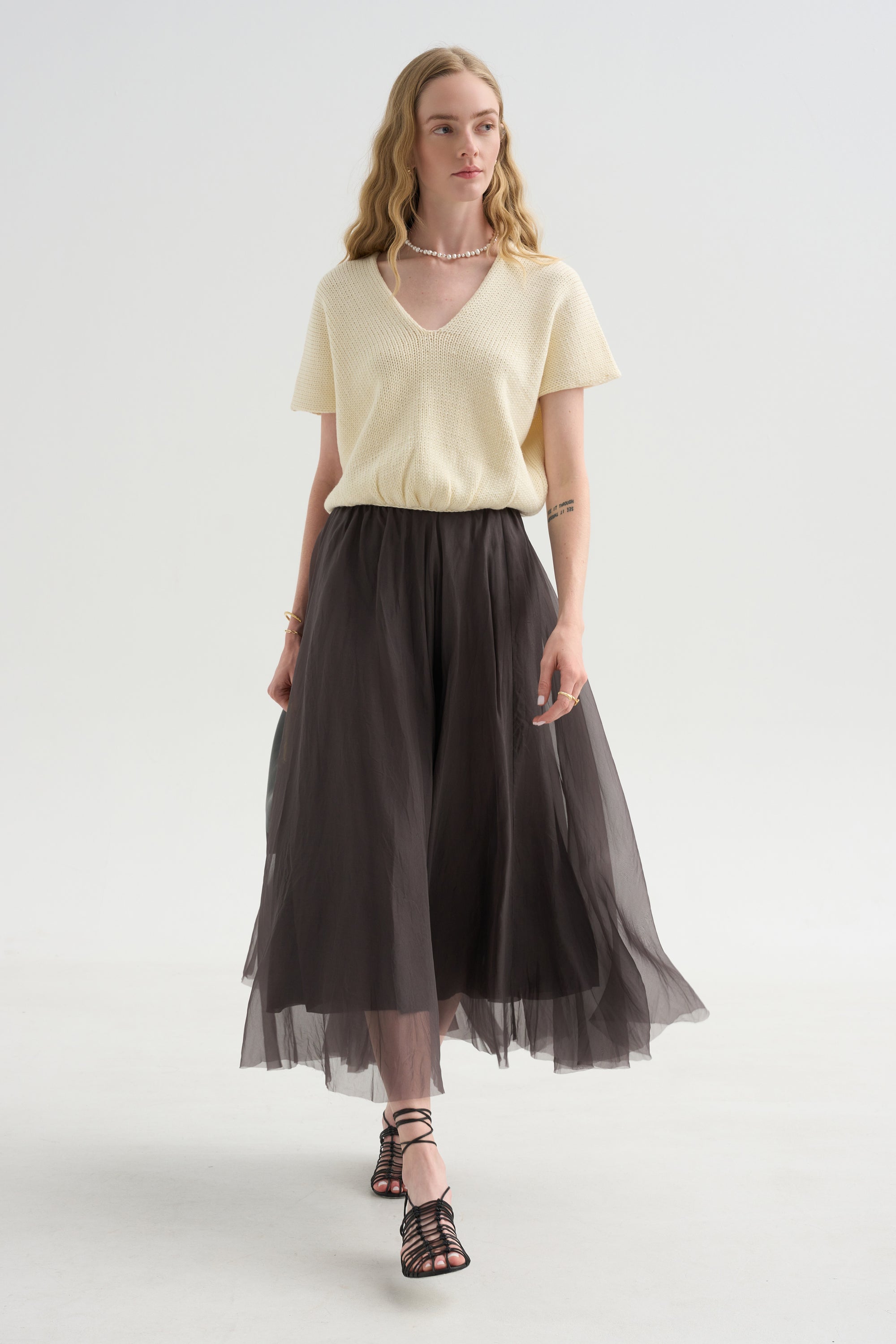 Merino Bow Knit Top, Ivory &amp; Black