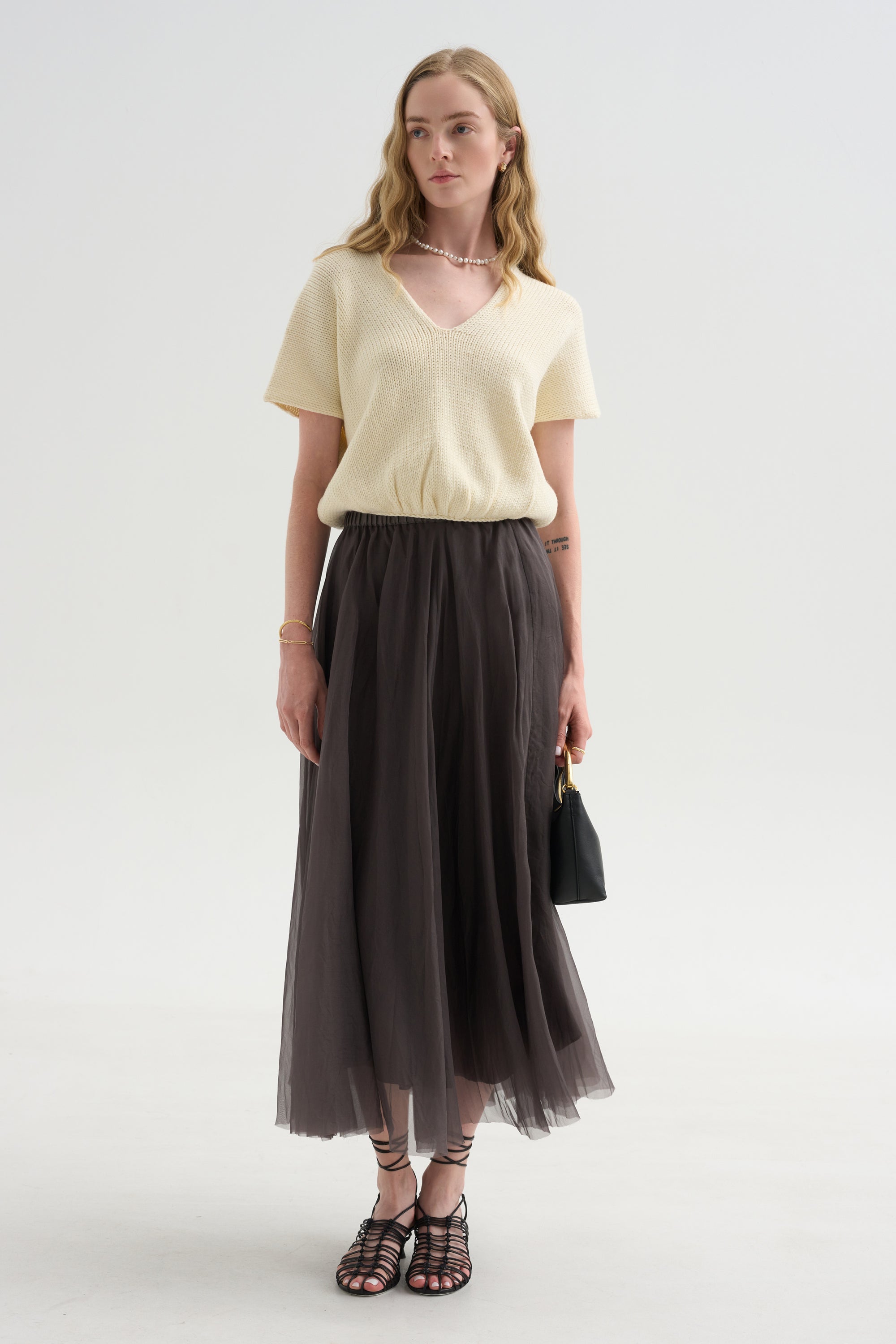 Merino Bow Knit Top, Ivory &amp; Black
