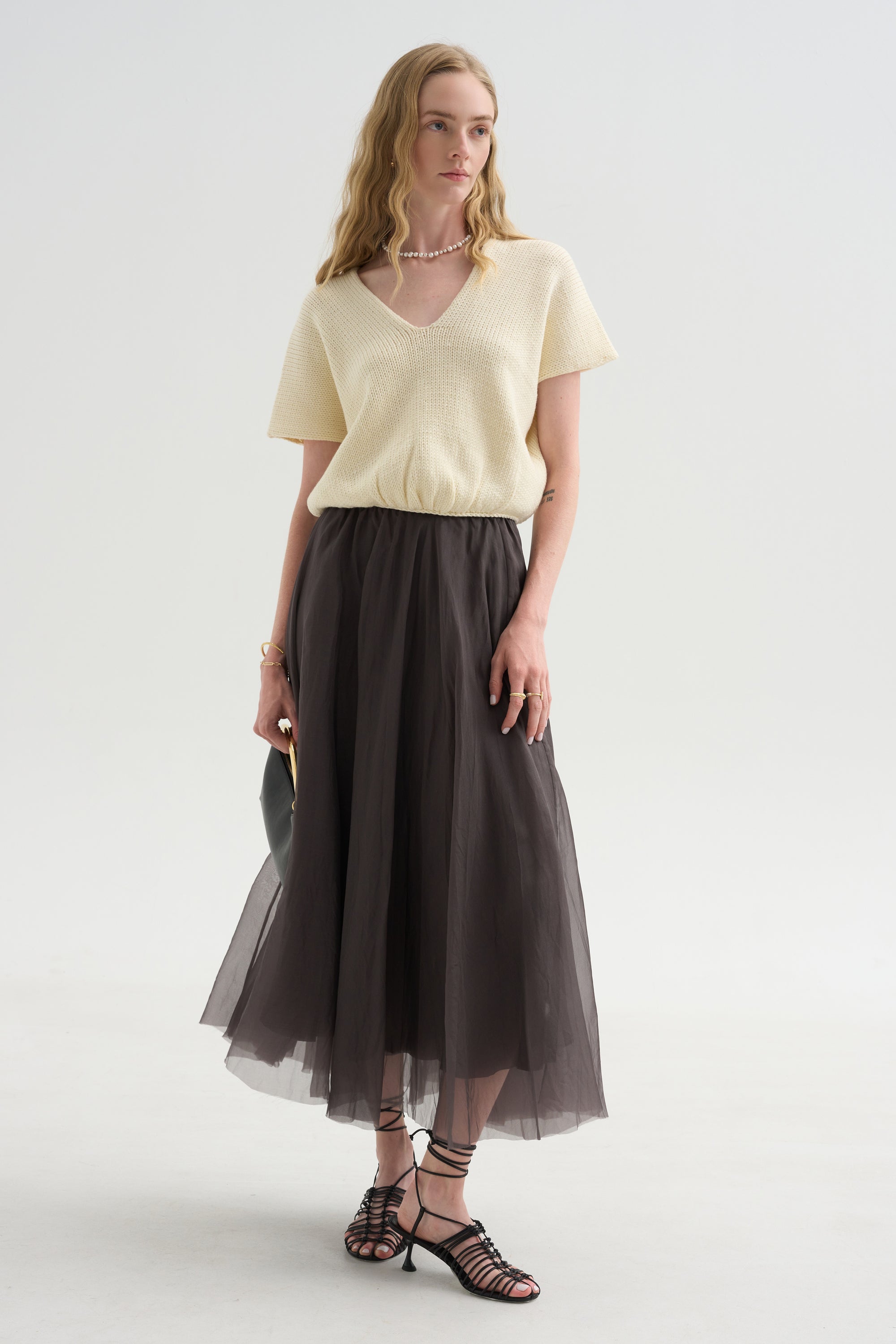 Merino Bow Knit Top, Ivory &amp; Black