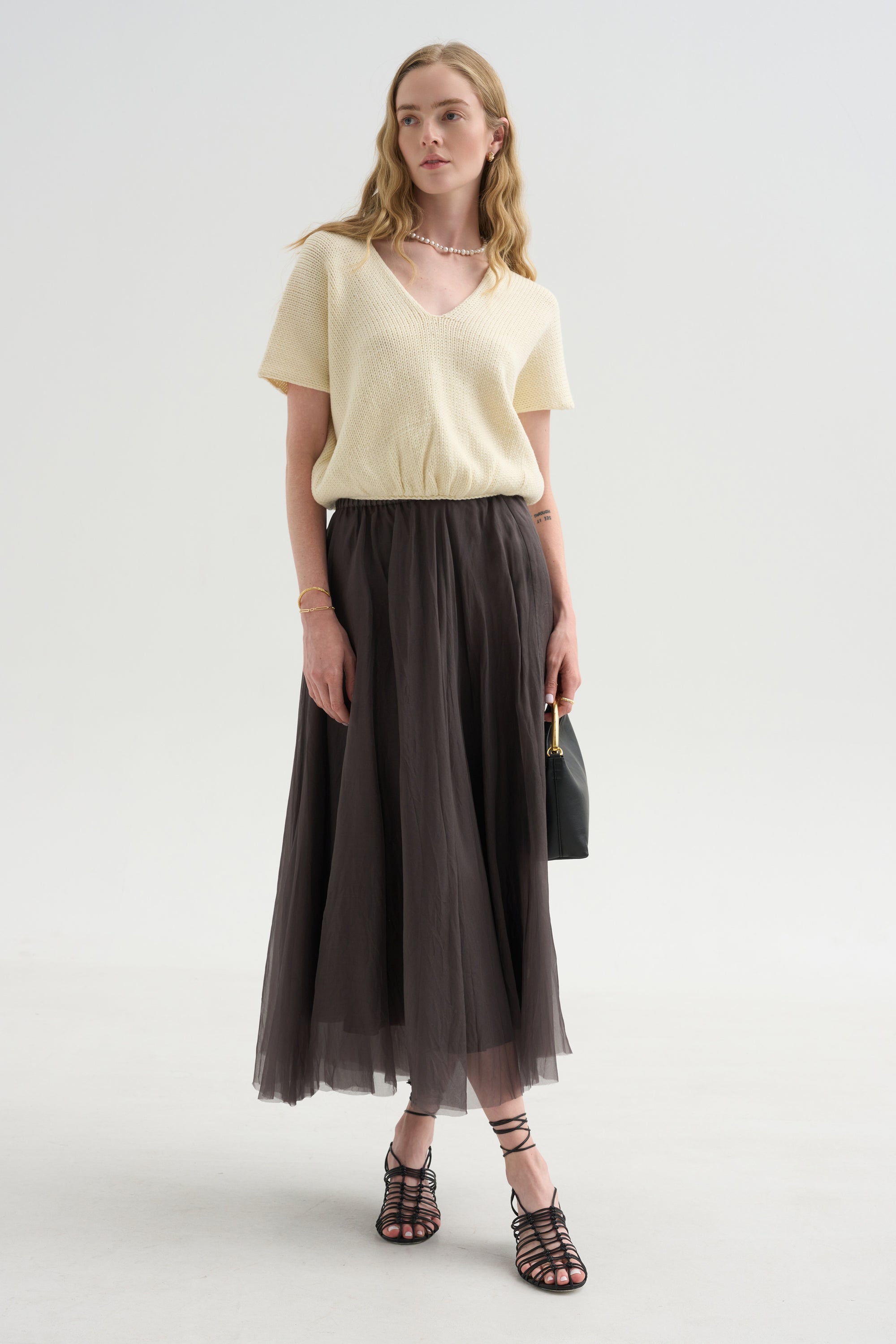 Merino Bow Knit Top, Ivory &amp; Black