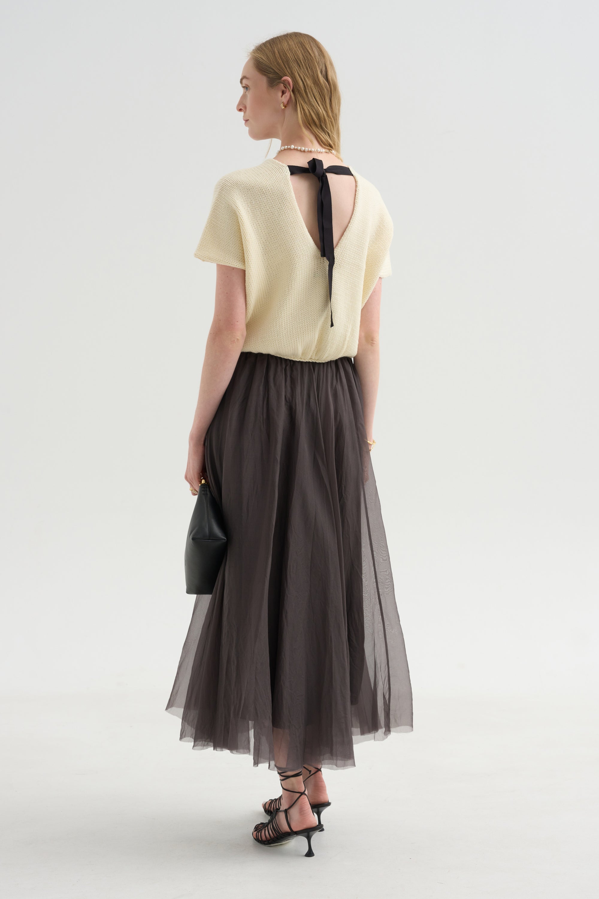 Merino Bow Knit Top, Ivory &amp; Black