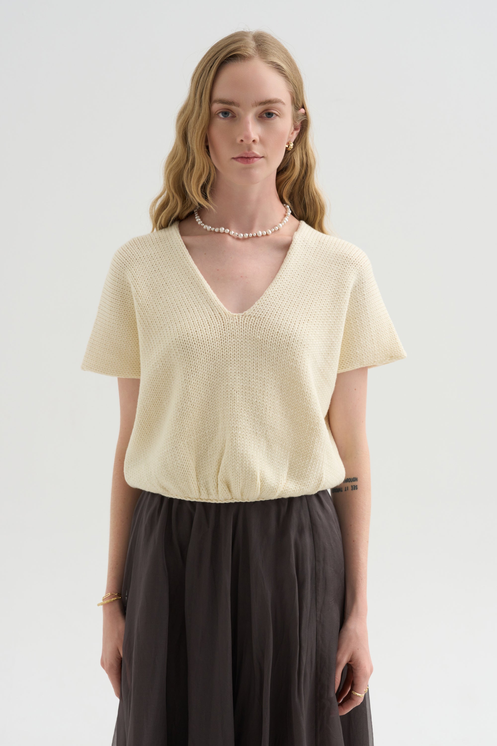 Merino Bow Knit Top, Ivory &amp; Black