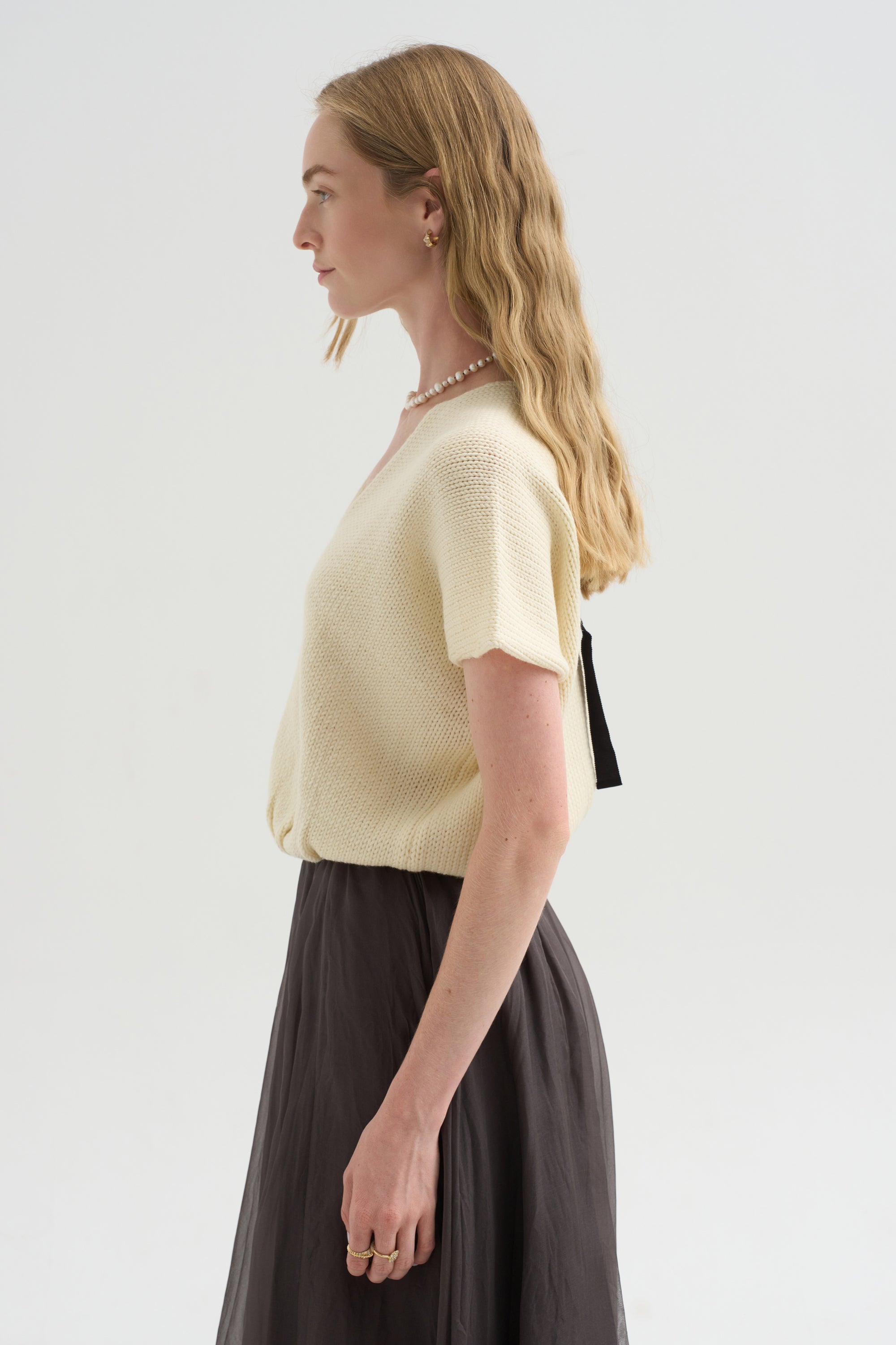 Merino Bow Knit Top, Ivory &amp; Black
