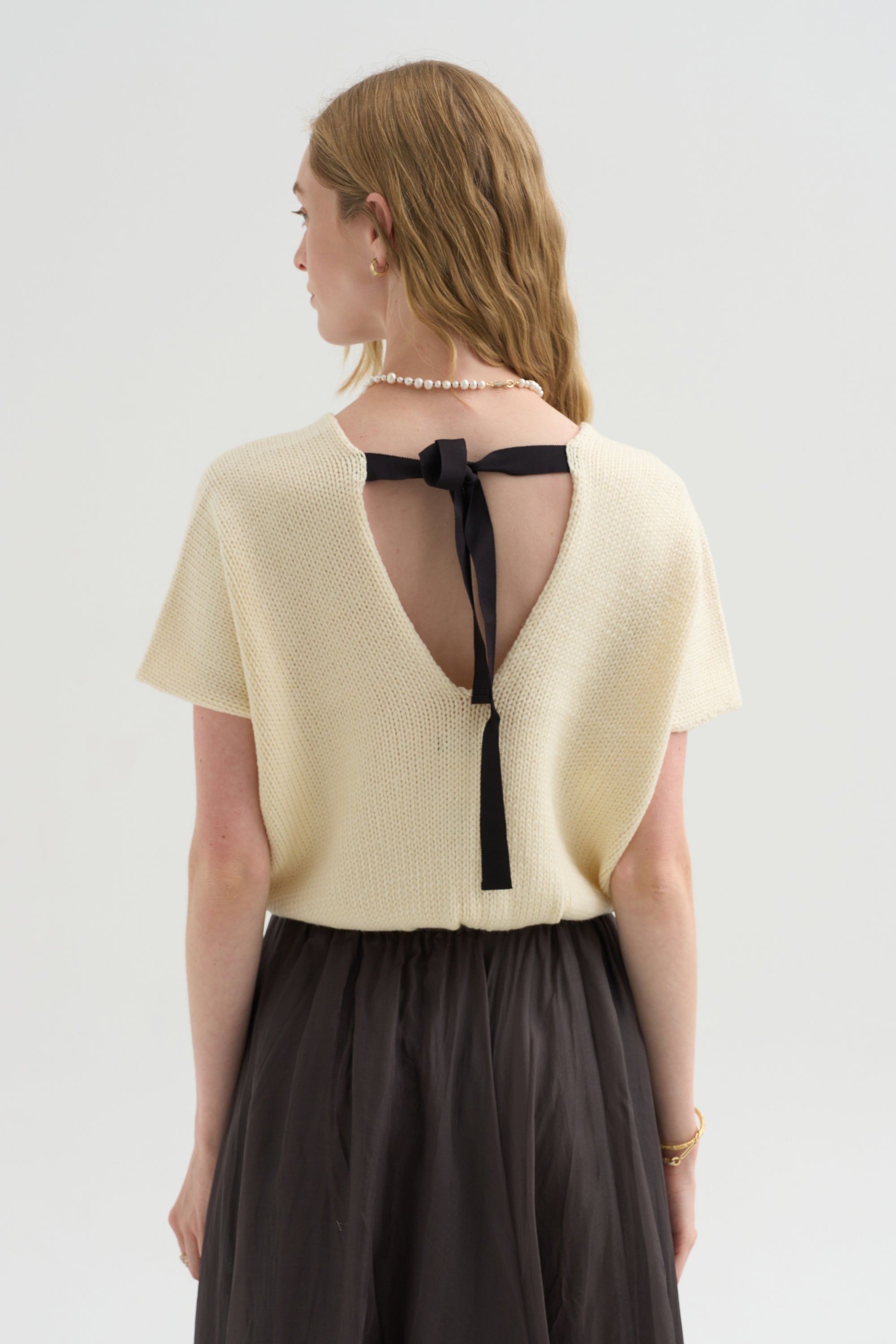 Merino Bow Knit Top, Ivory &amp; Black