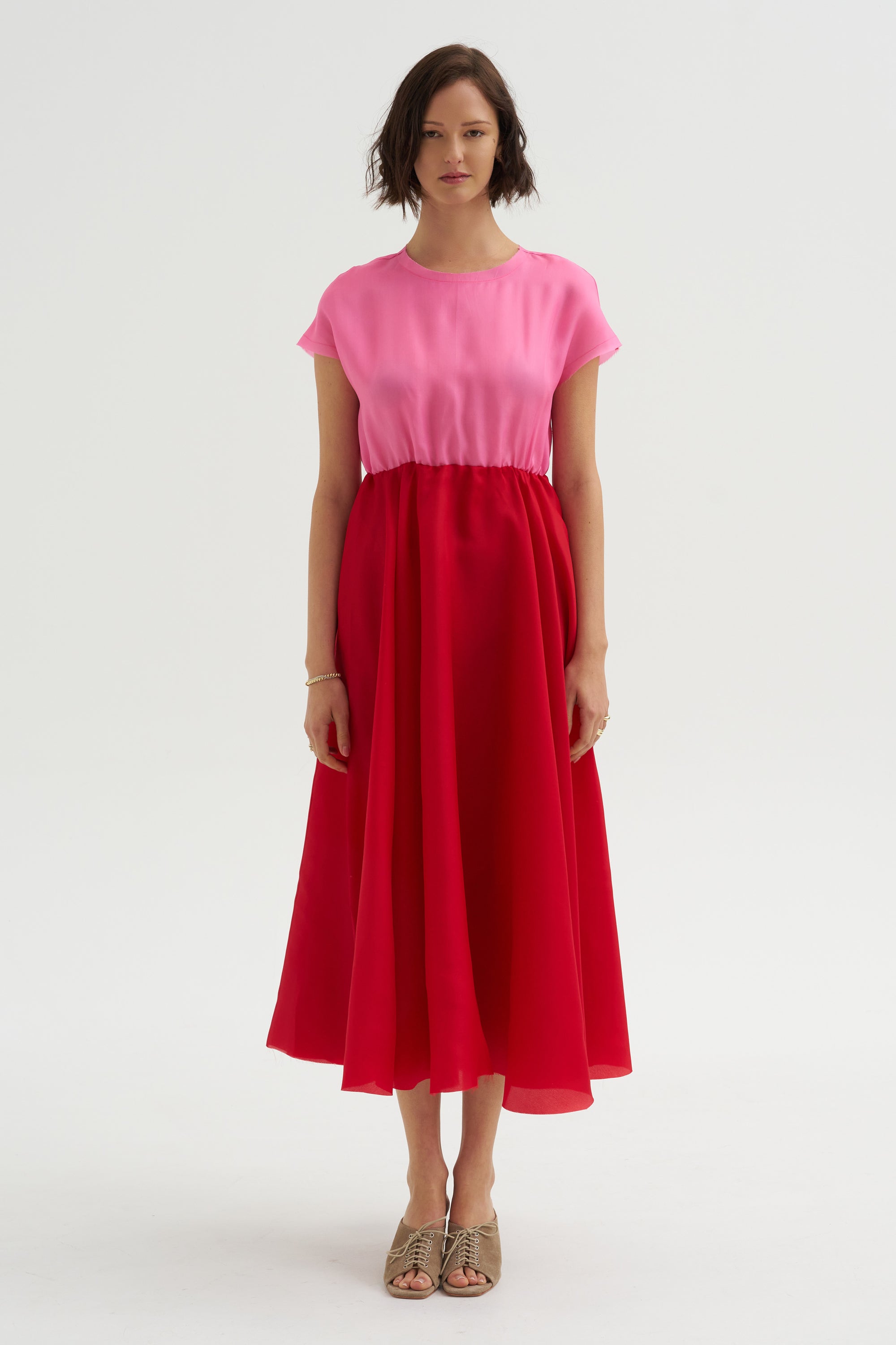 Silk Satin Organza Dress, Pink & Red Kick Pleat Silk Satin Organza Dress, Pink & Red Kick Pleat