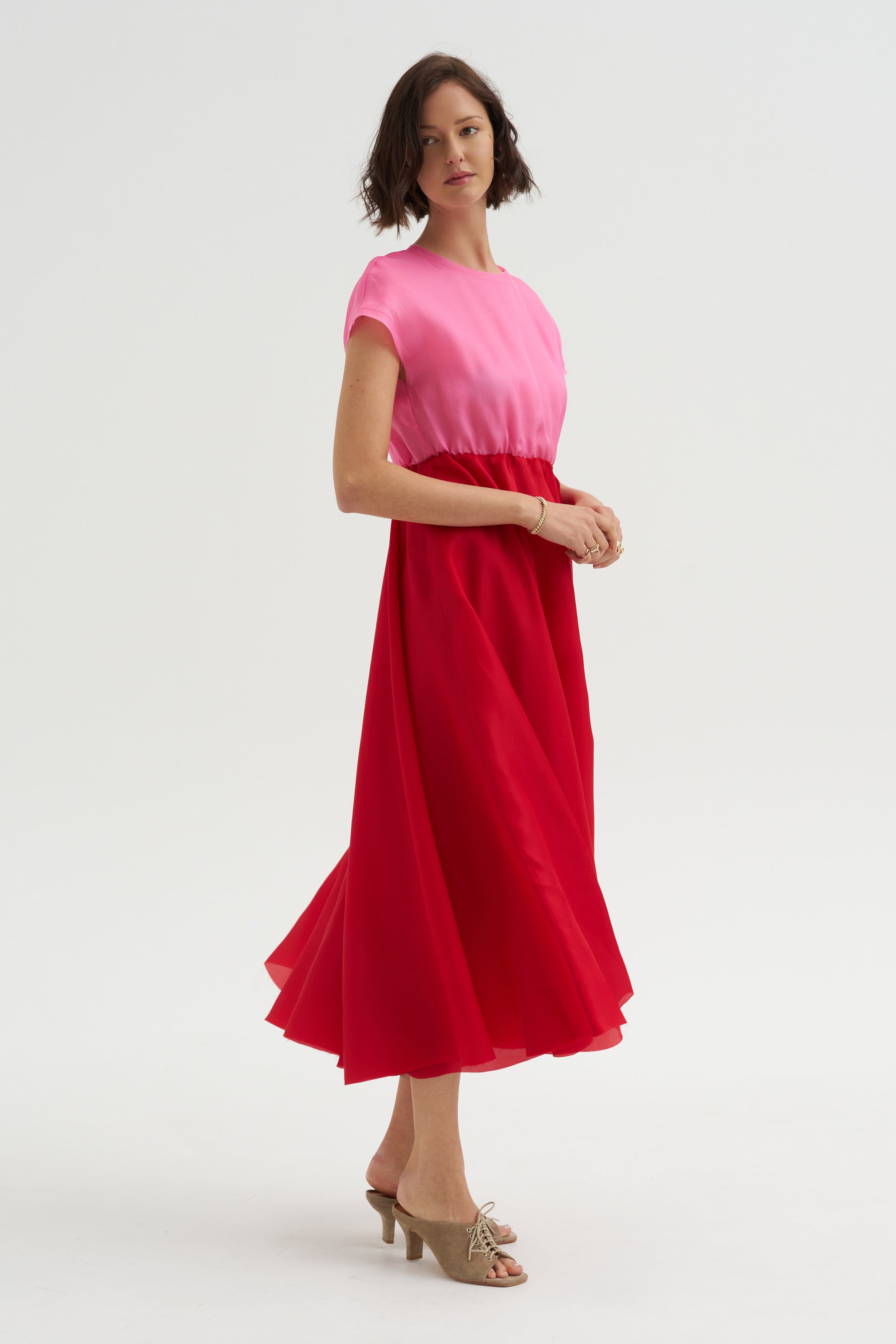 Silk Satin Organza Dress, Pink &amp; Red