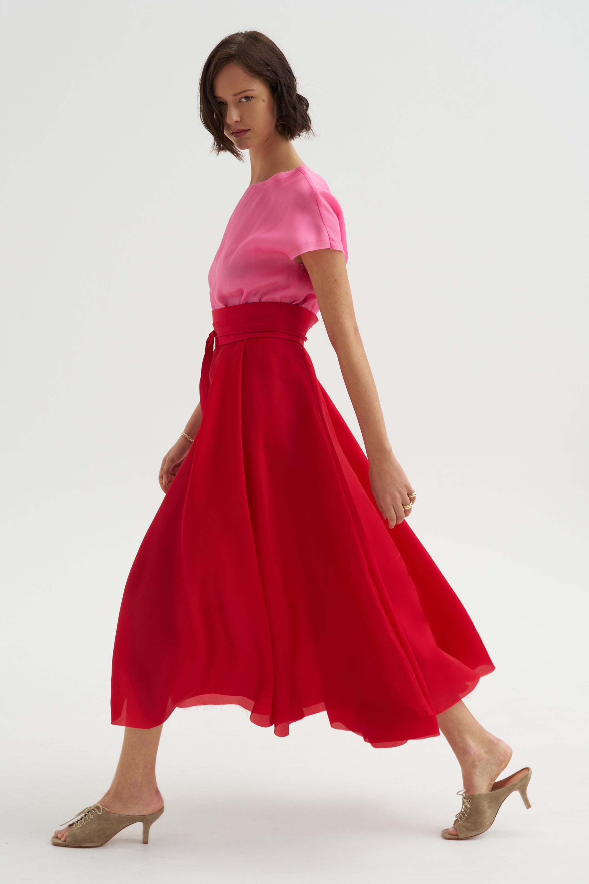 Silk Satin Organza Dress, Pink & Red Kick Pleat Silk Satin Organza Dress, Pink & Red Kick Pleat
