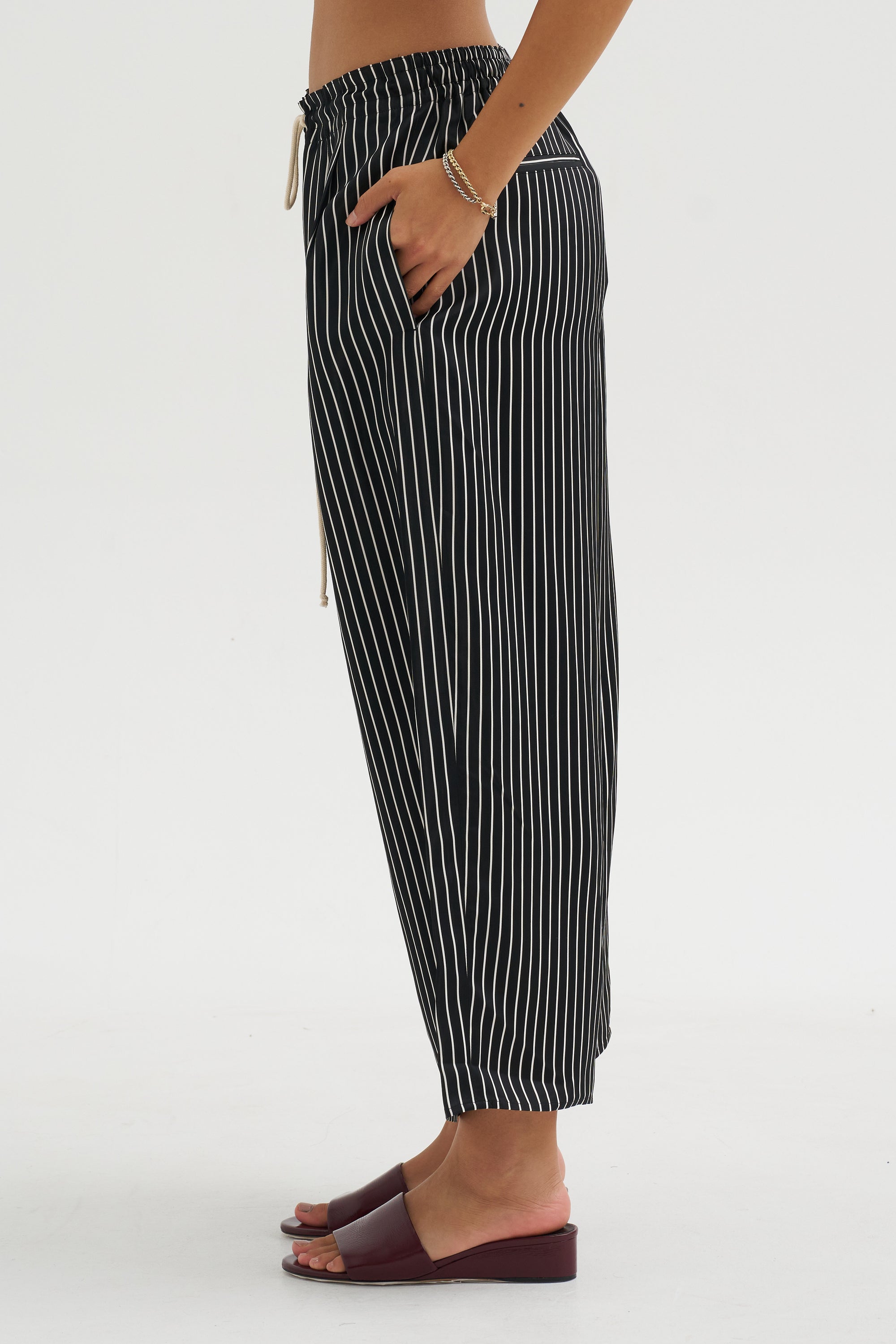 Balloon Drawstring Trouser, Black Stripe