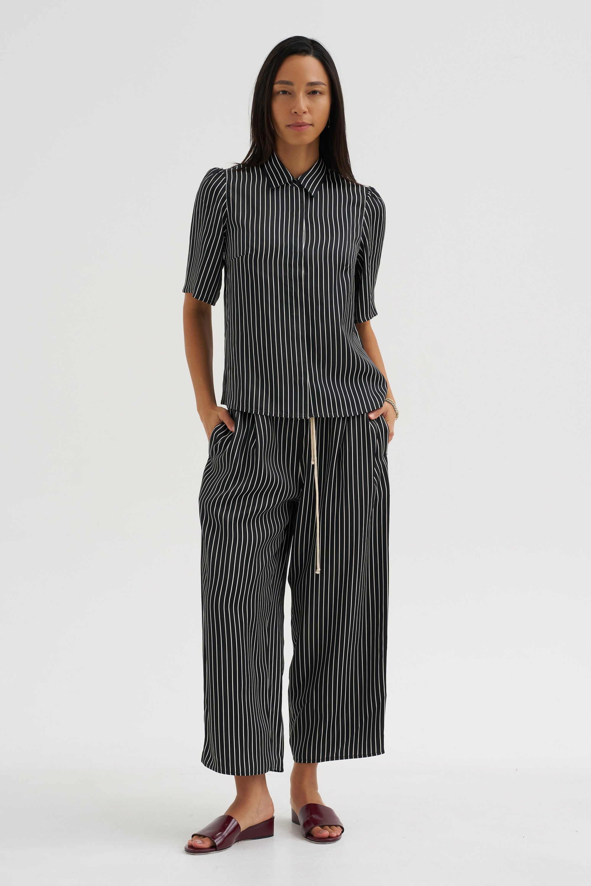 Balloon Drawstring Trouser, Black Stripe