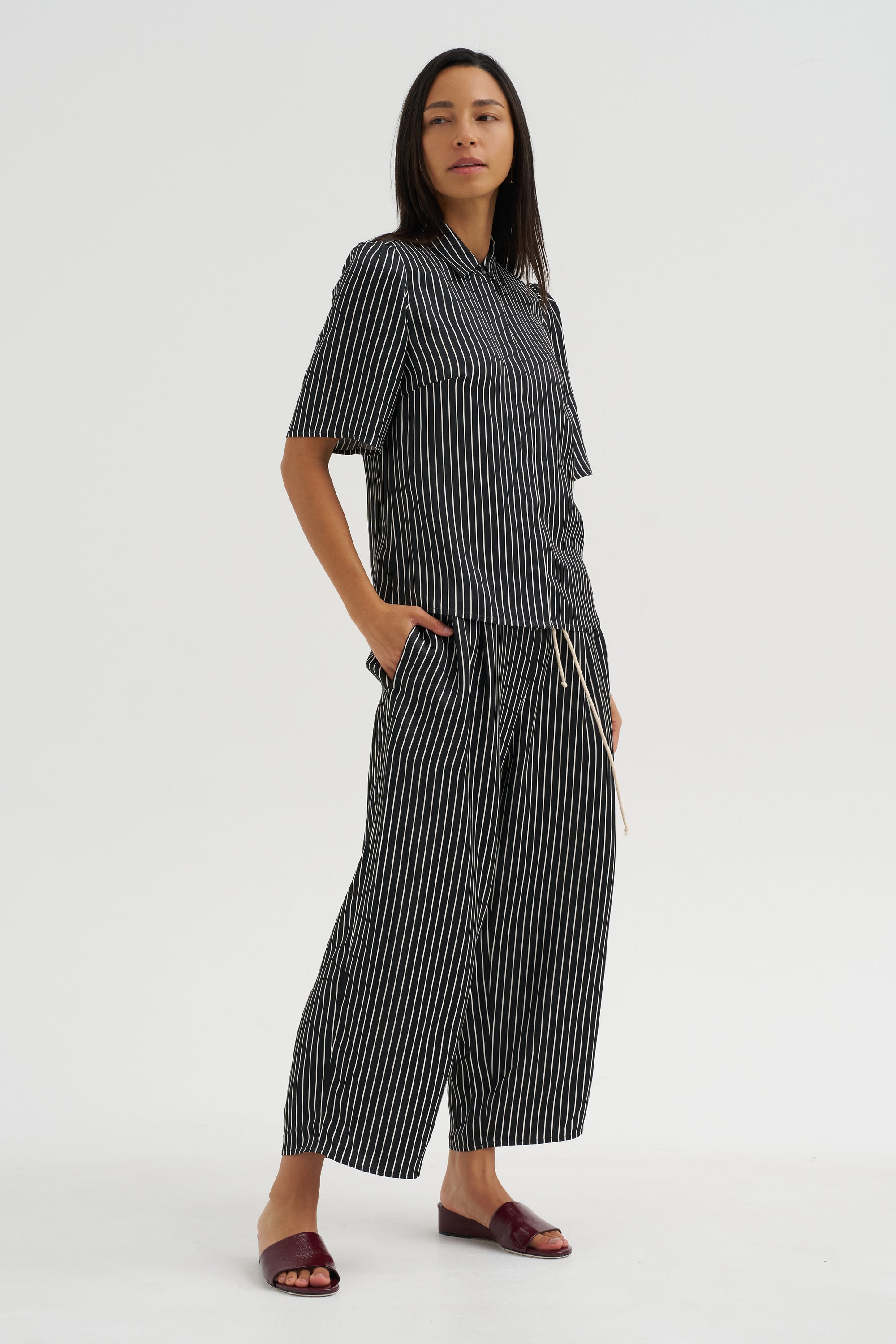 Balloon Drawstring Trouser, Black Stripe