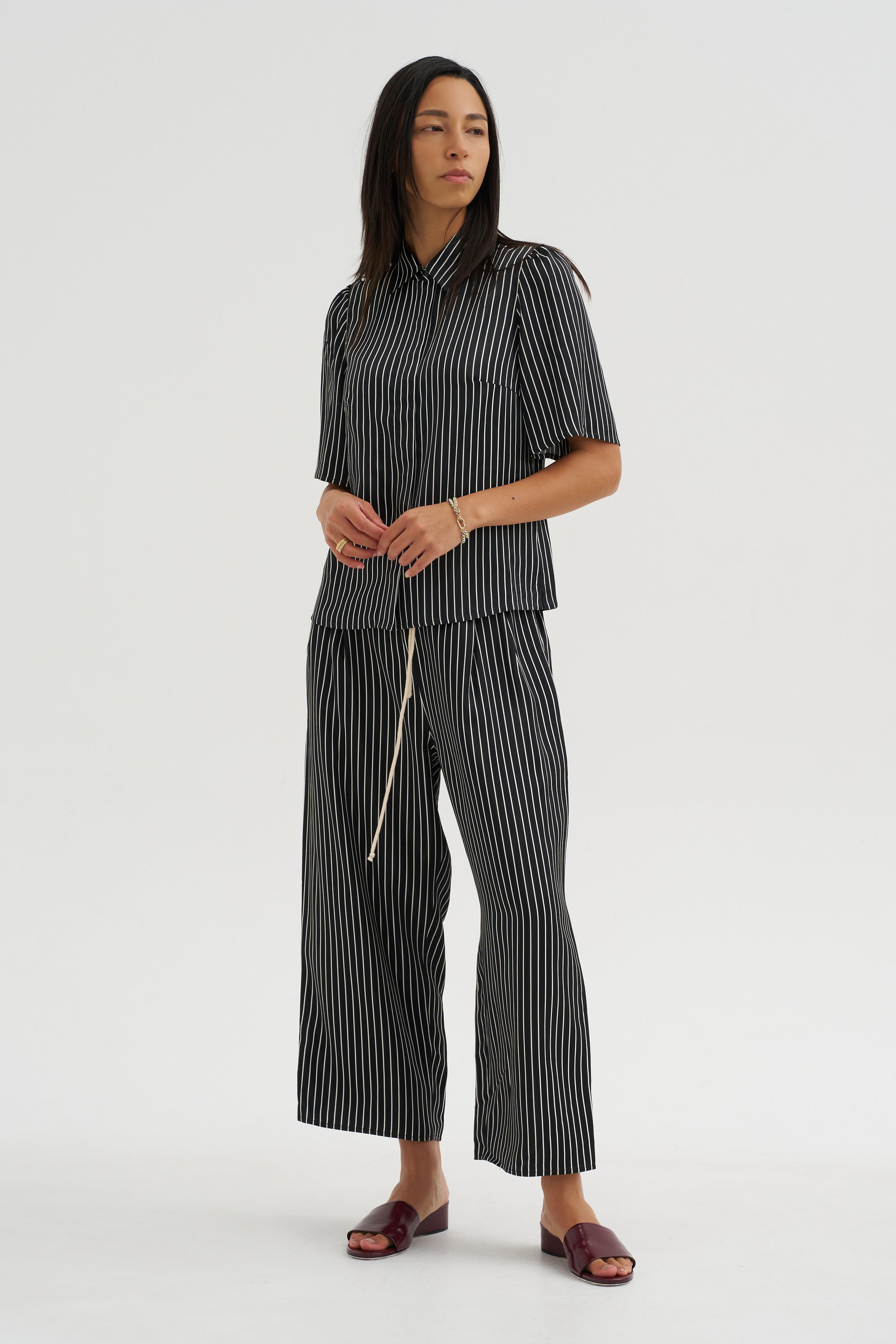 Balloon Drawstring Trouser, Black Stripe