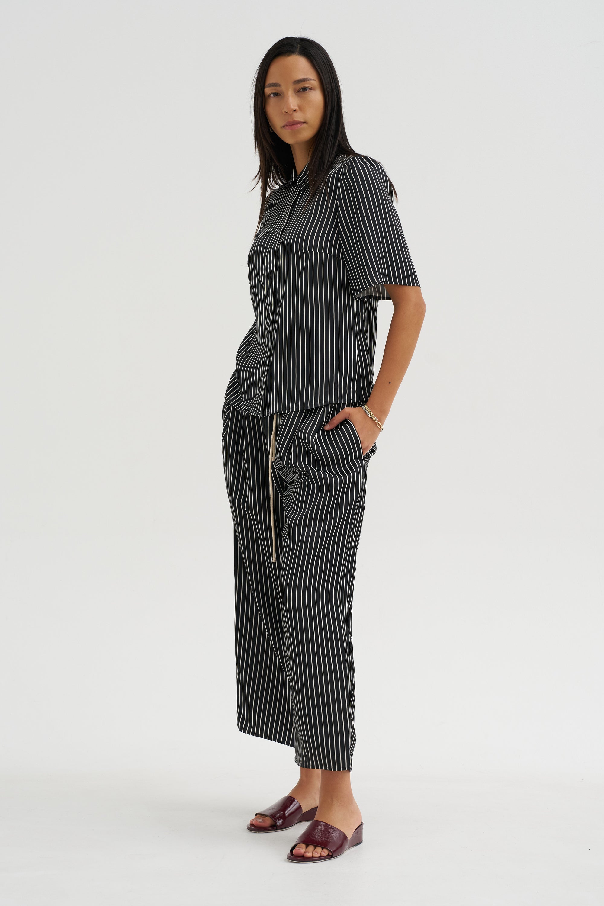 Balloon Drawstring Trouser, Black Stripe