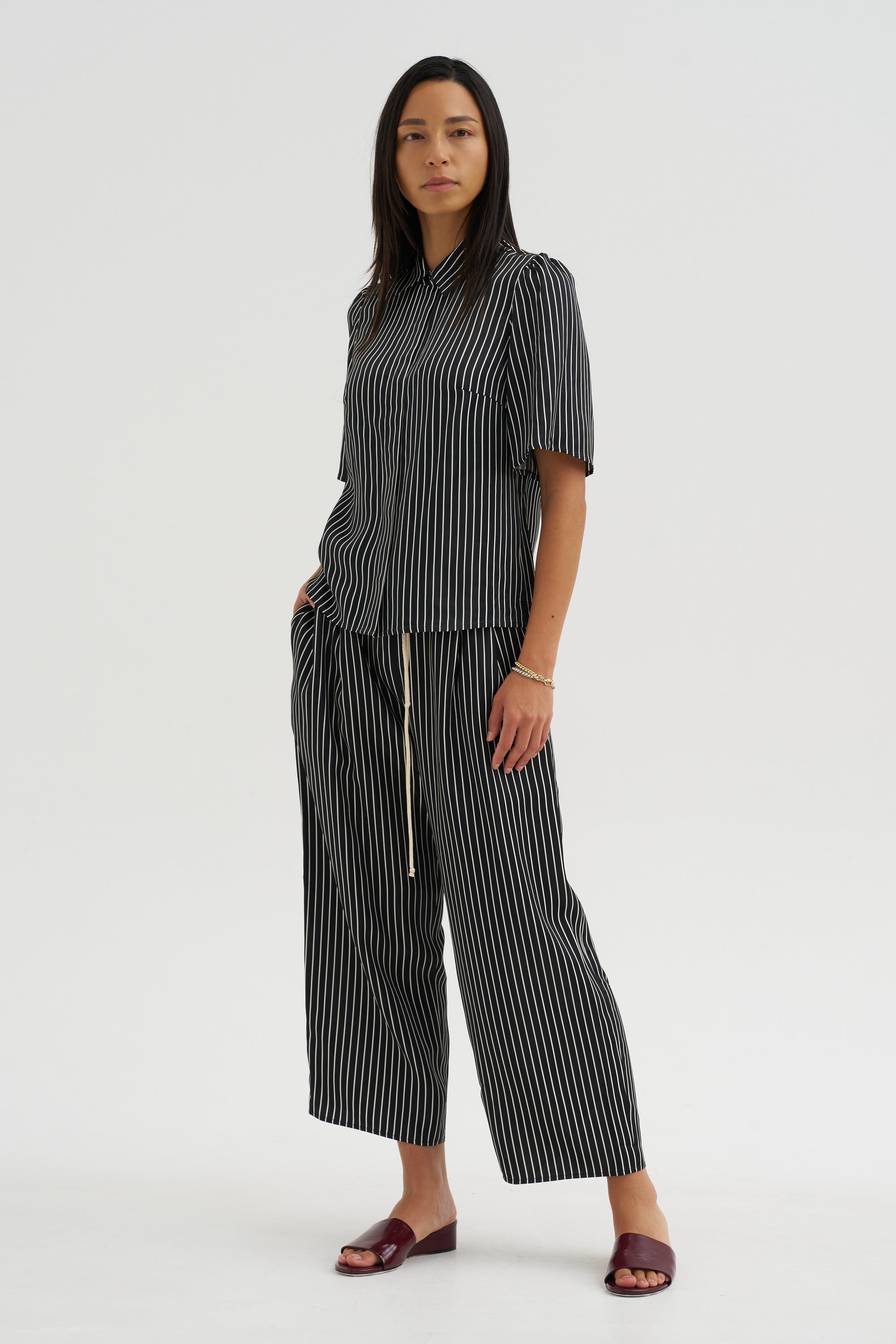 Balloon Drawstring Trouser, Black Stripe