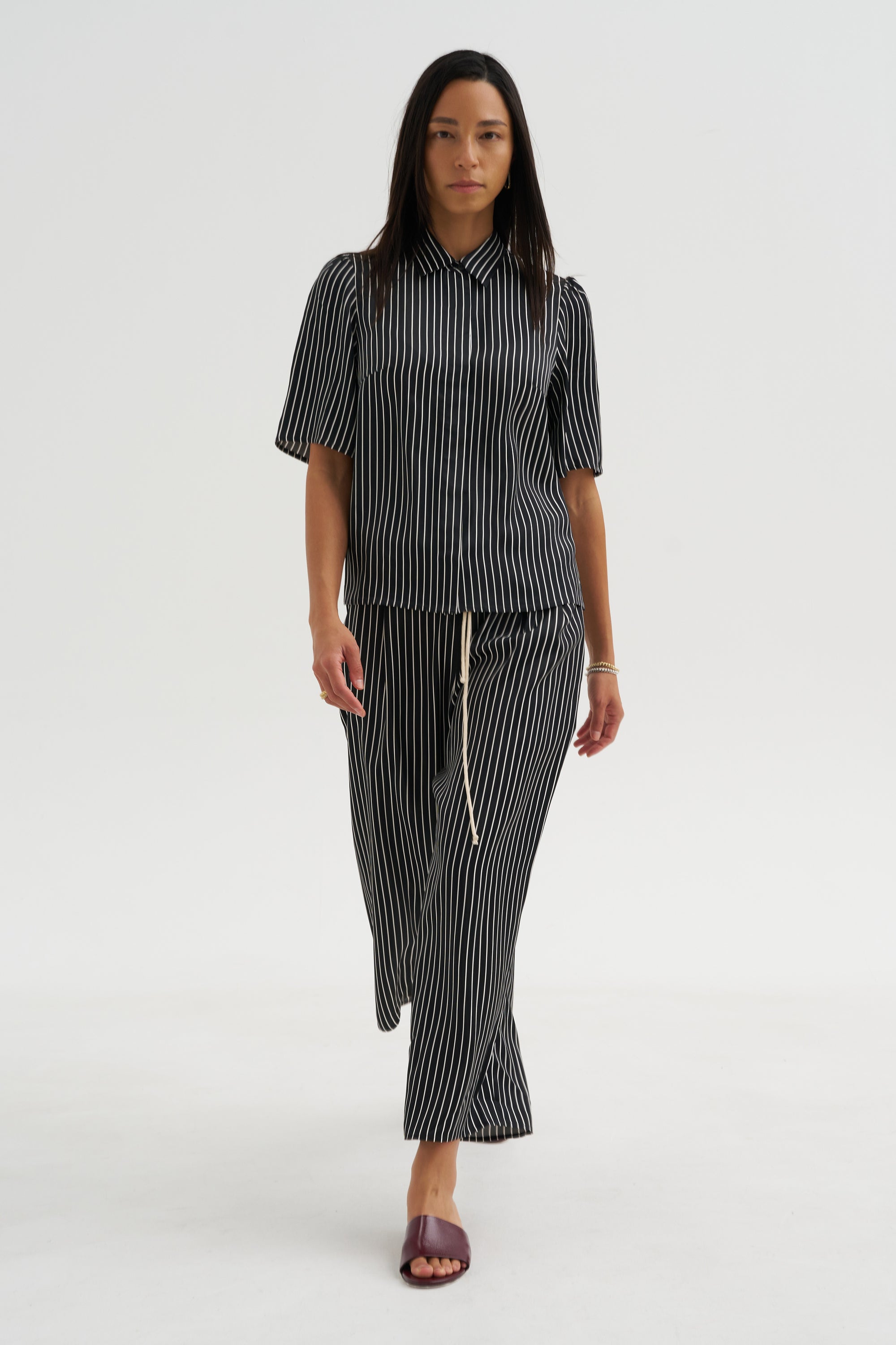Balloon Drawstring Trouser, Black Stripe