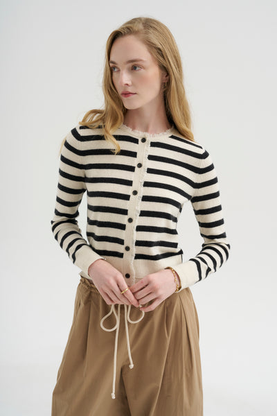 トップス CIVARIZE fringe cardigan lgb kmrii midas Petite Fringe Cardigan, Ivory & Black Stripe – Kick Pleat
