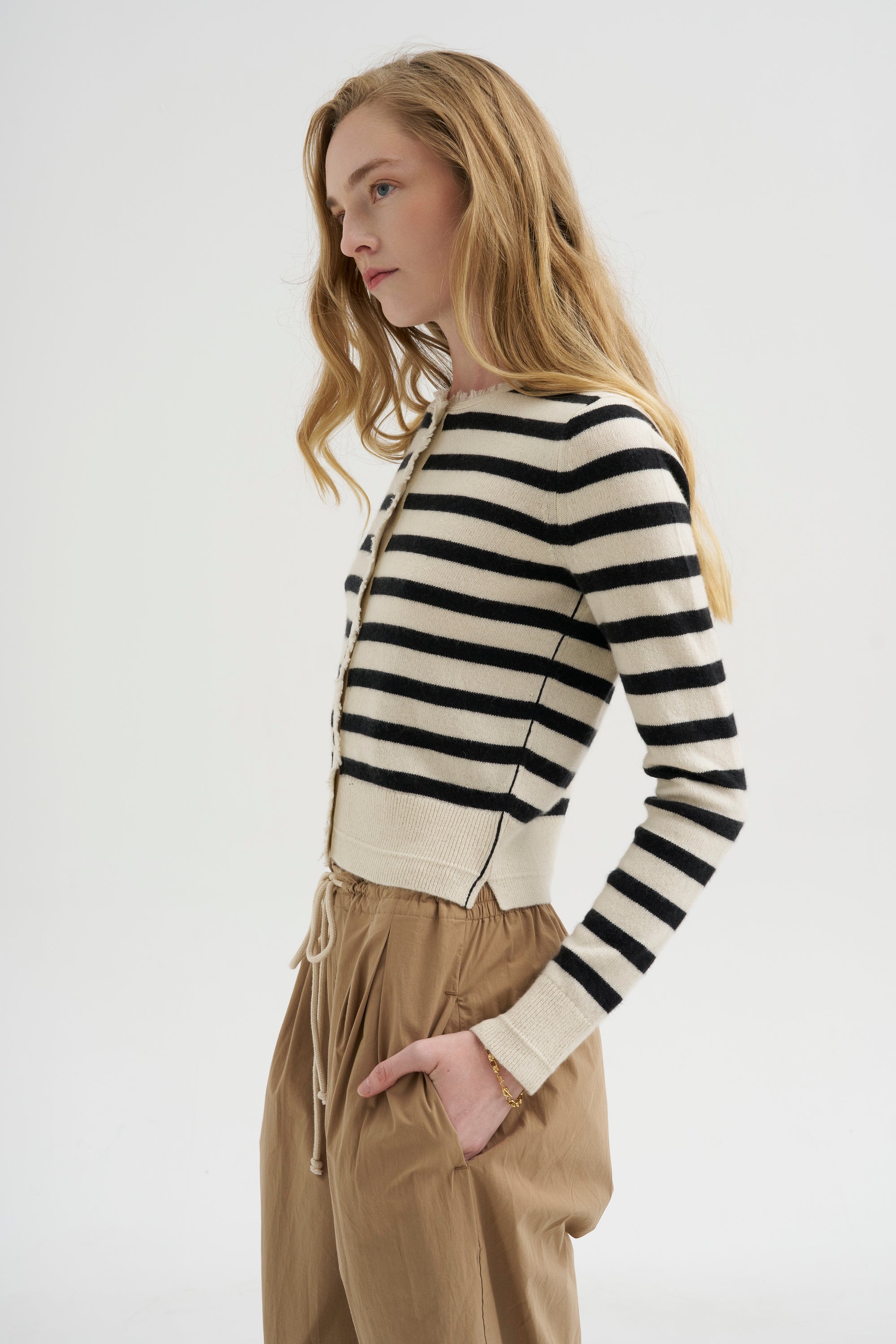 Petite Fringe Cardigan, Ivory &amp; Black Stripe