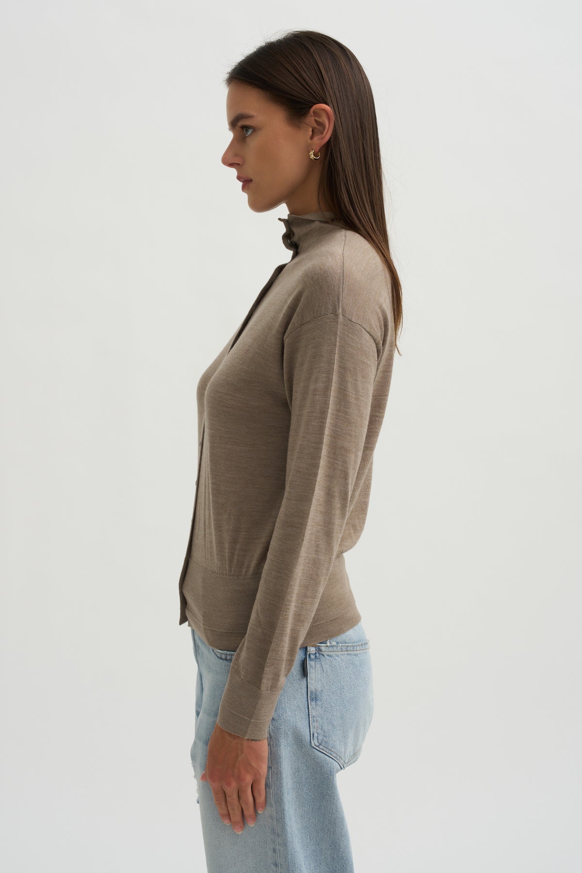 Mock Neck Cardigan, Heather Pebble