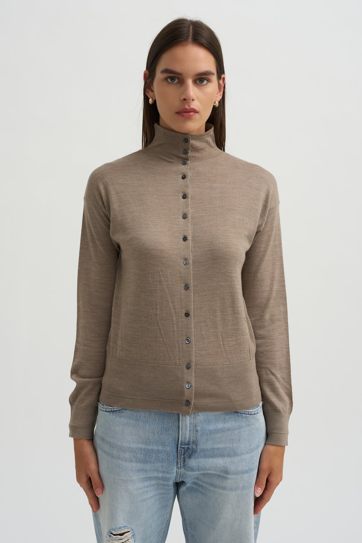 Mock Neck Cardigan, Heather Pebble