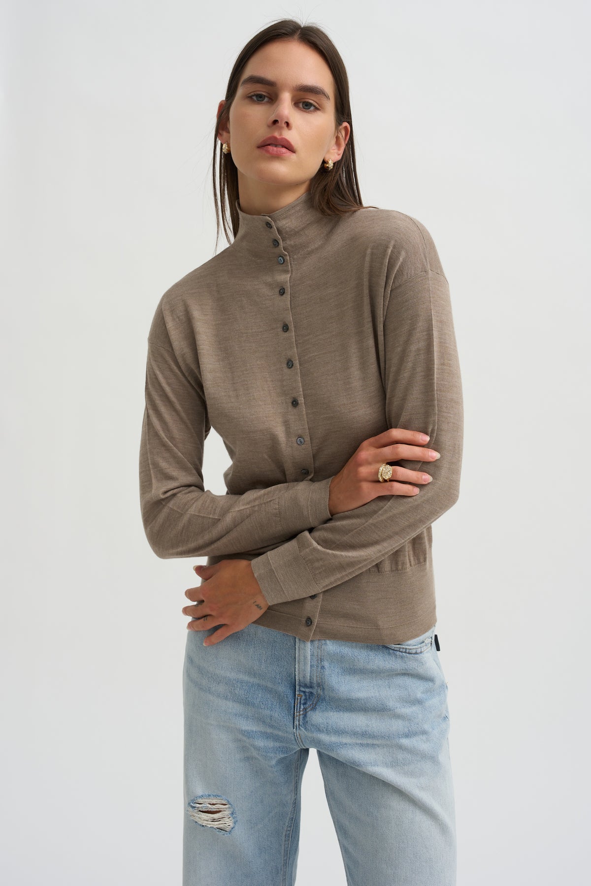 Mock Neck Cardigan, Heather Pebble