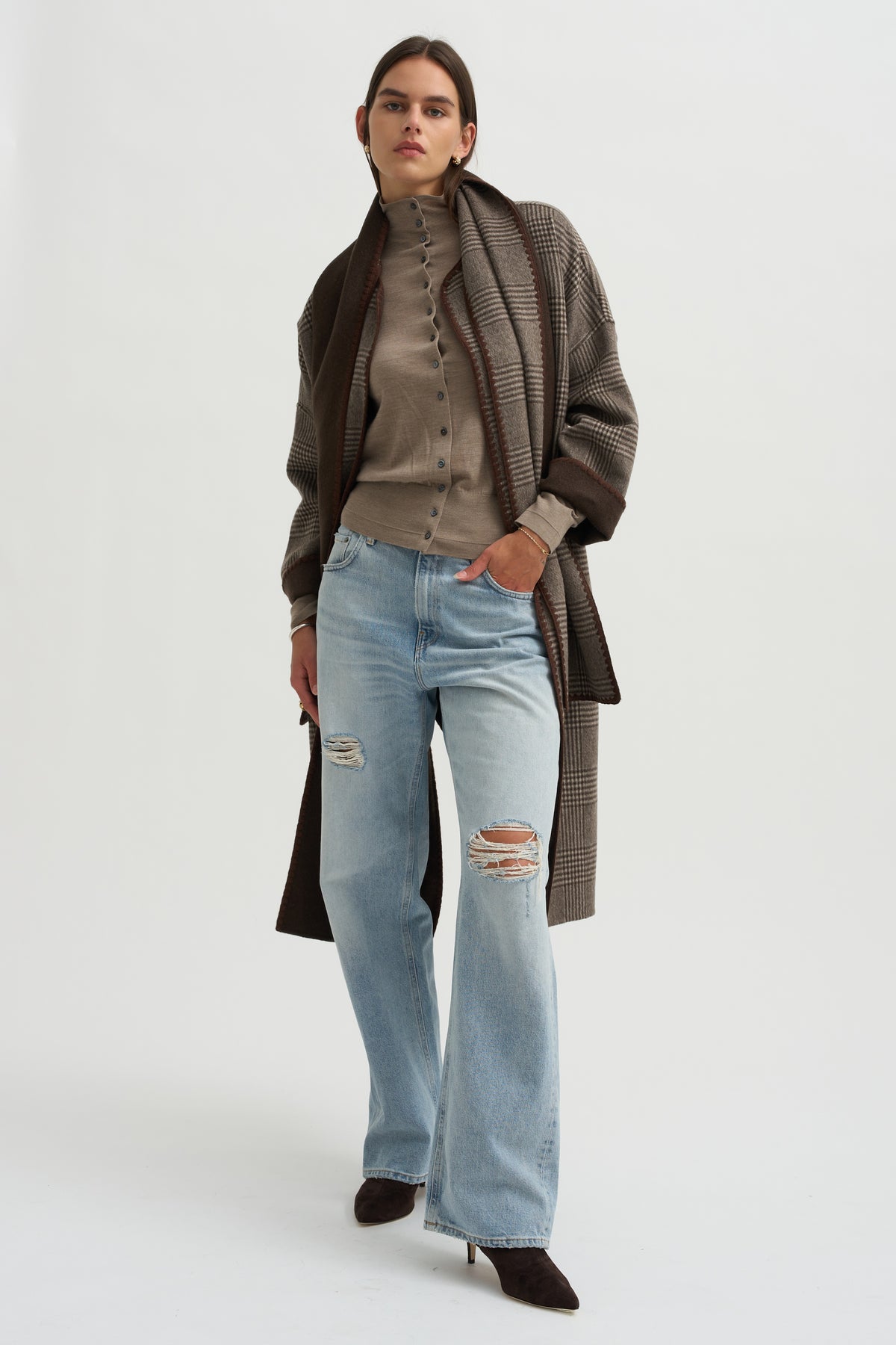 Mock Neck Cardigan, Heather Pebble