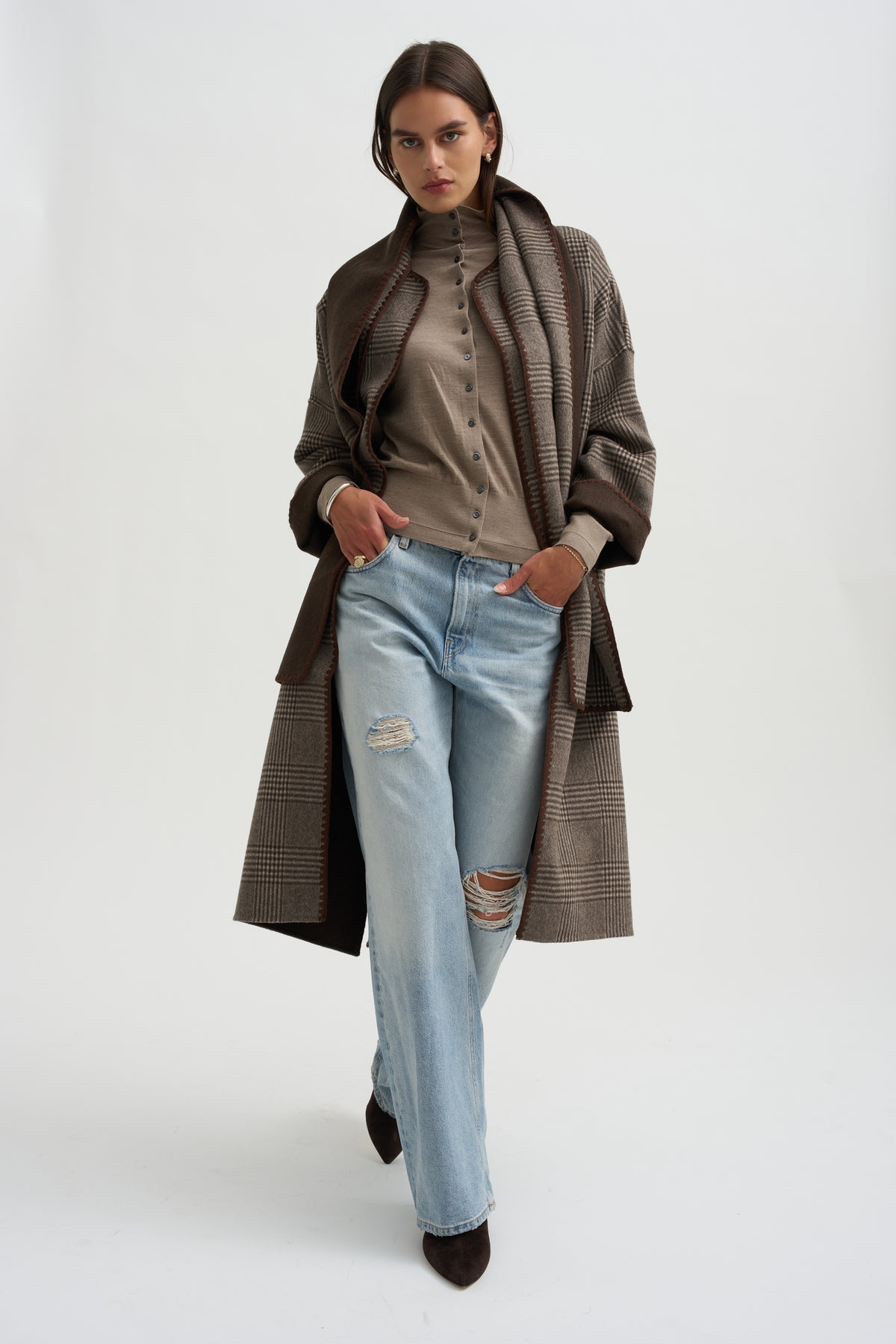 Mock Neck Cardigan, Heather Pebble