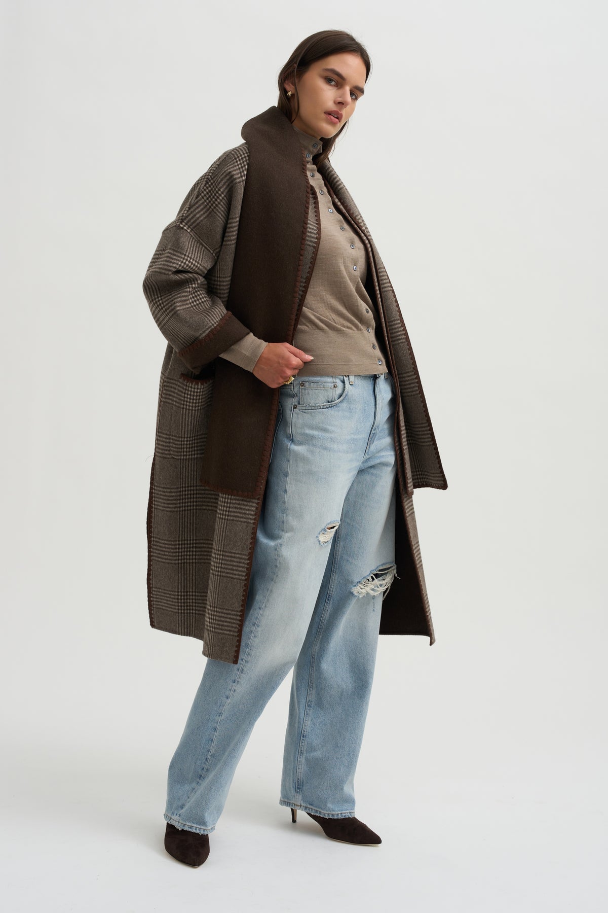 Mock Neck Cardigan, Heather Pebble