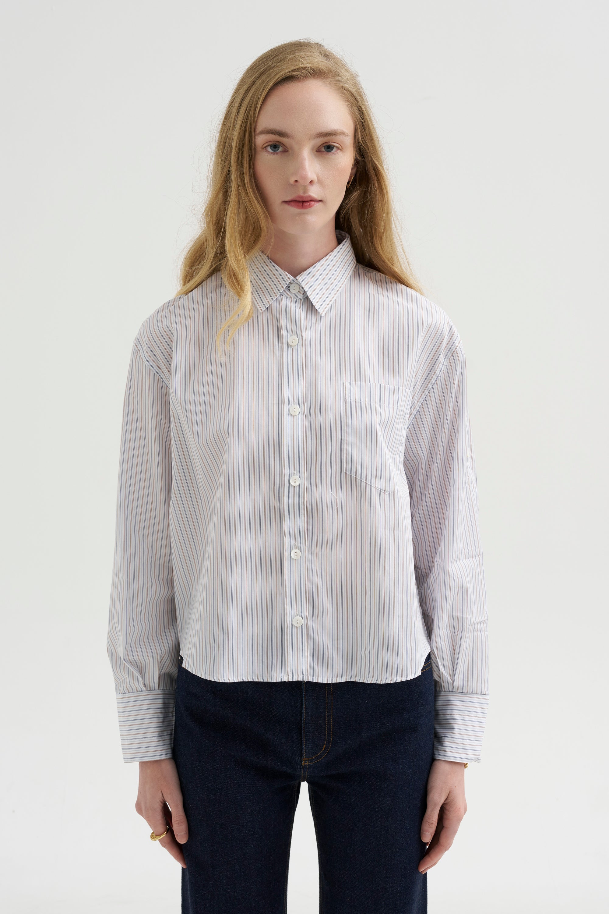 Button Sleeve Crop Shirt, White / Blue / Brown Stripe
