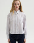 Button Sleeve Crop Shirt, White / Blue / Brown Stripe