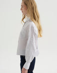 Button Sleeve Crop Shirt, White / Blue / Brown Stripe