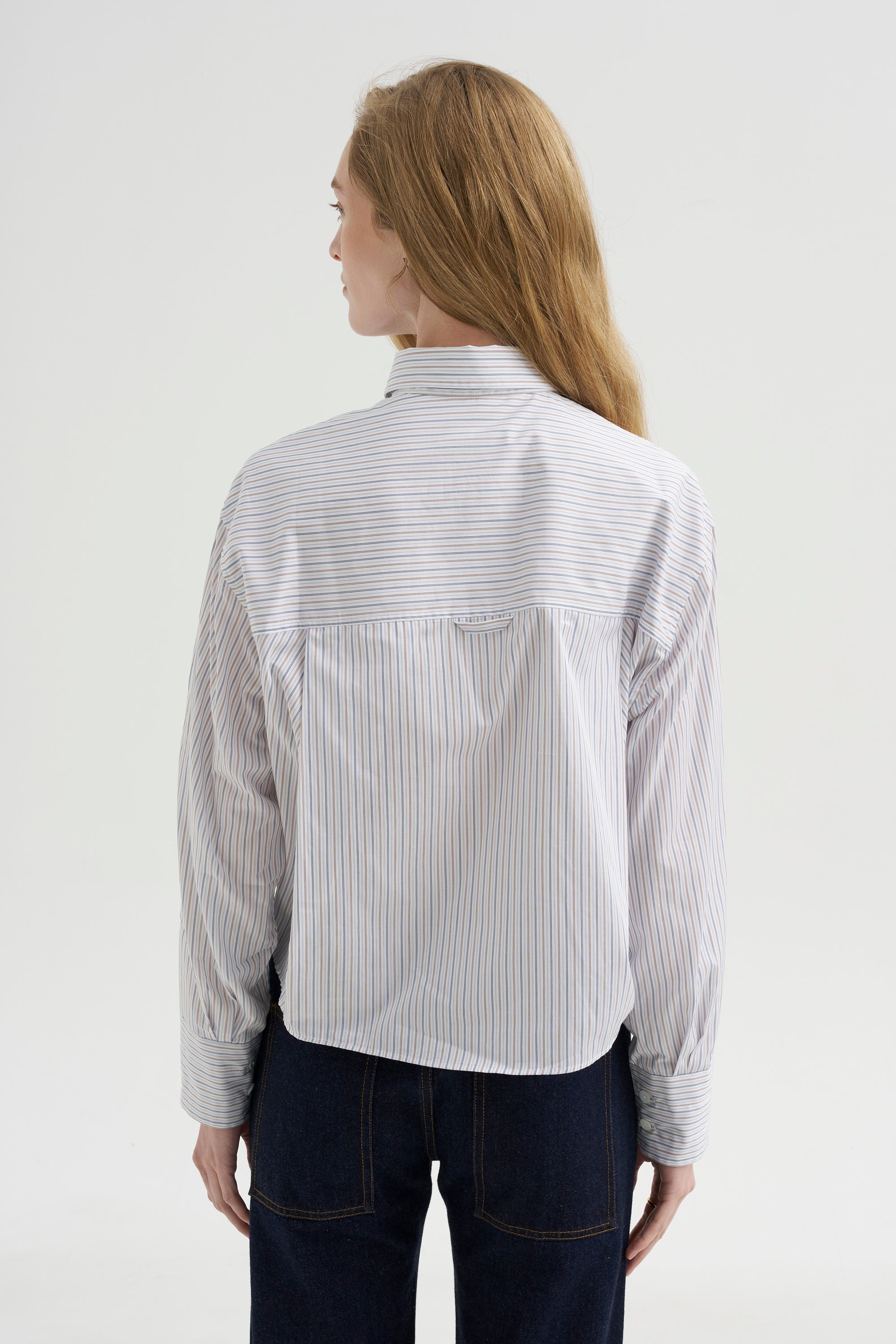 Button Sleeve Crop Shirt, White / Blue / Brown Stripe