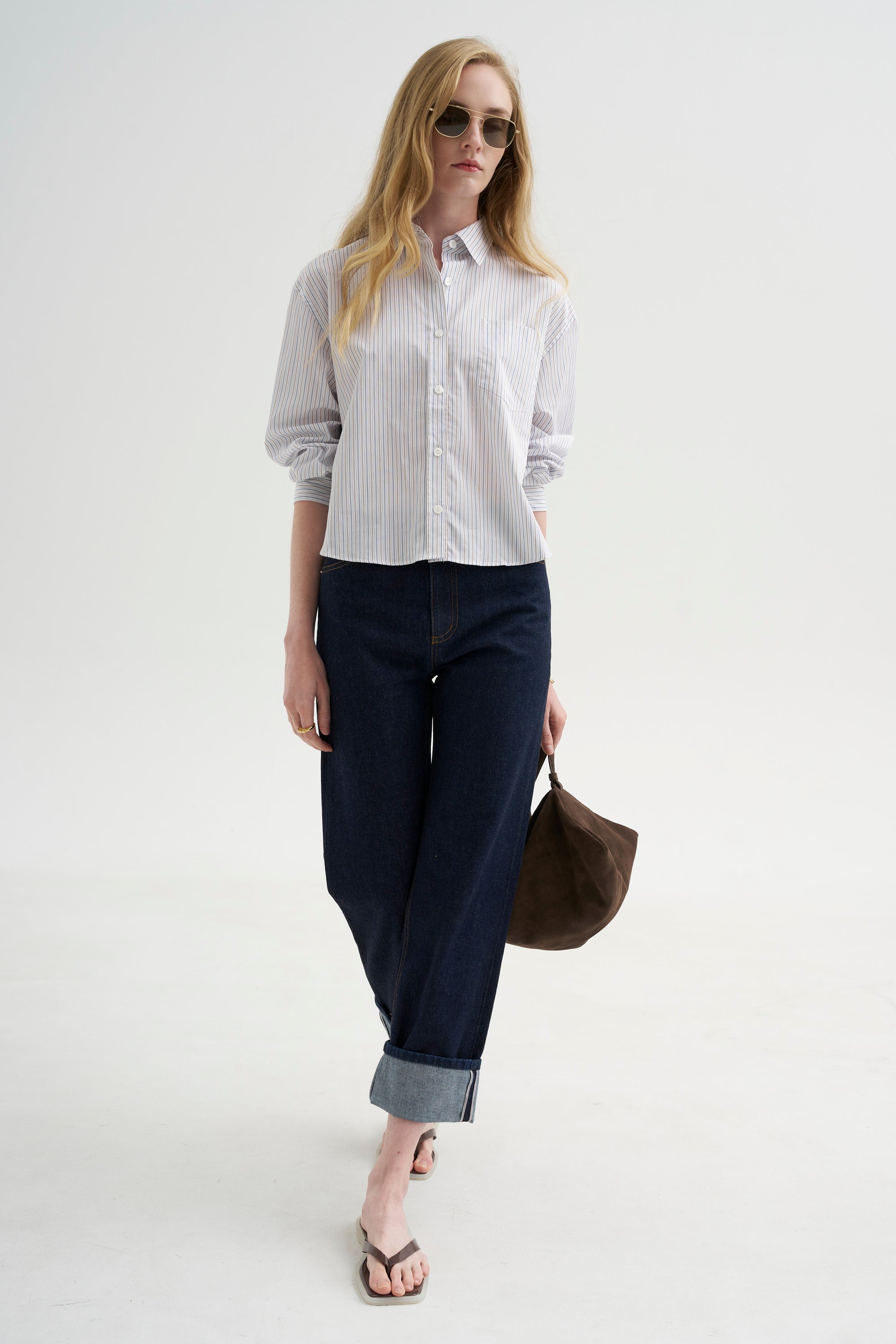 Button Sleeve Crop Shirt, White / Blue / Brown Stripe