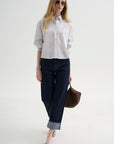 Button Sleeve Crop Shirt, White / Blue / Brown Stripe