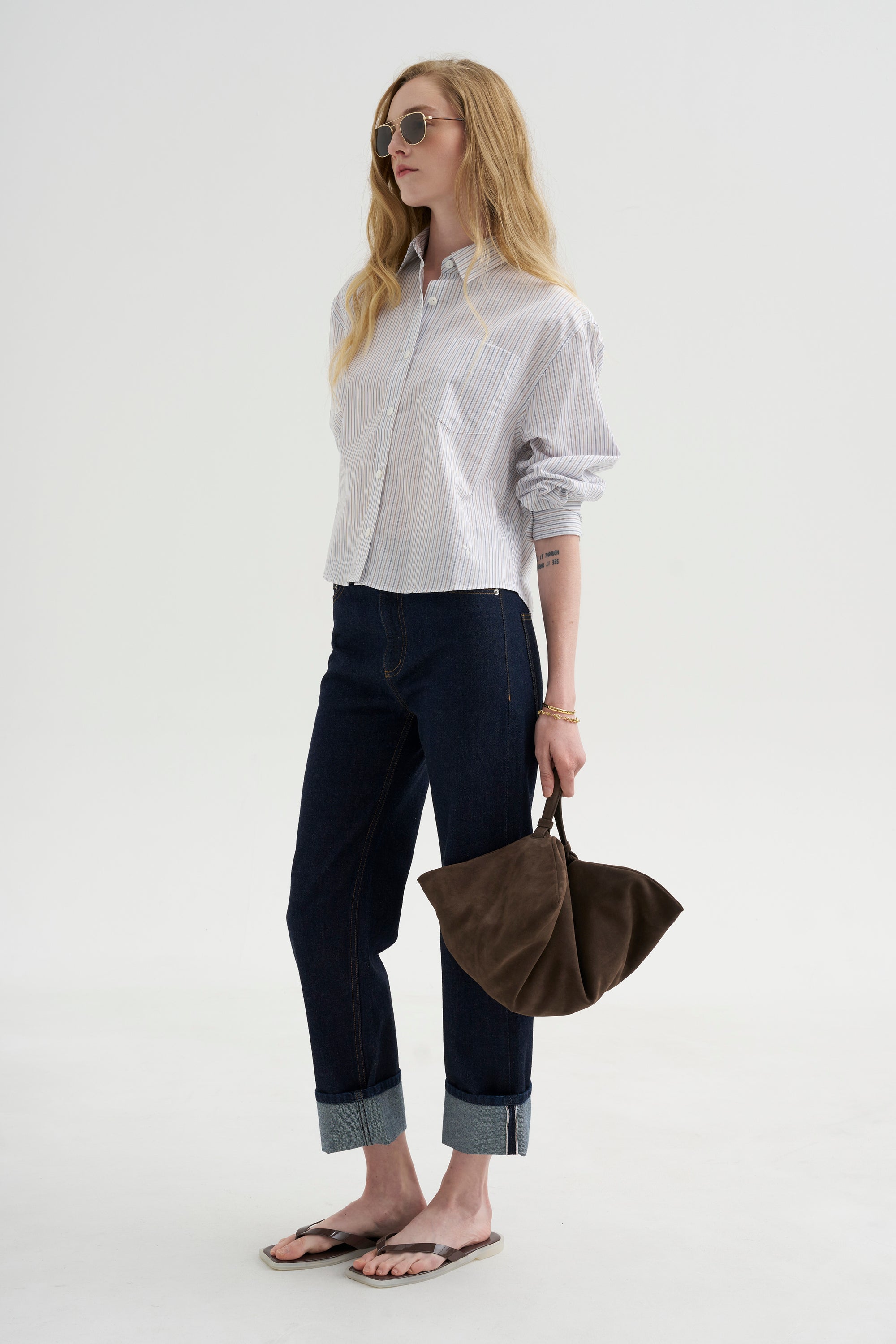 Button Sleeve Crop Shirt, White / Blue / Brown Stripe