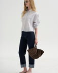 Button Sleeve Crop Shirt, White / Blue / Brown Stripe