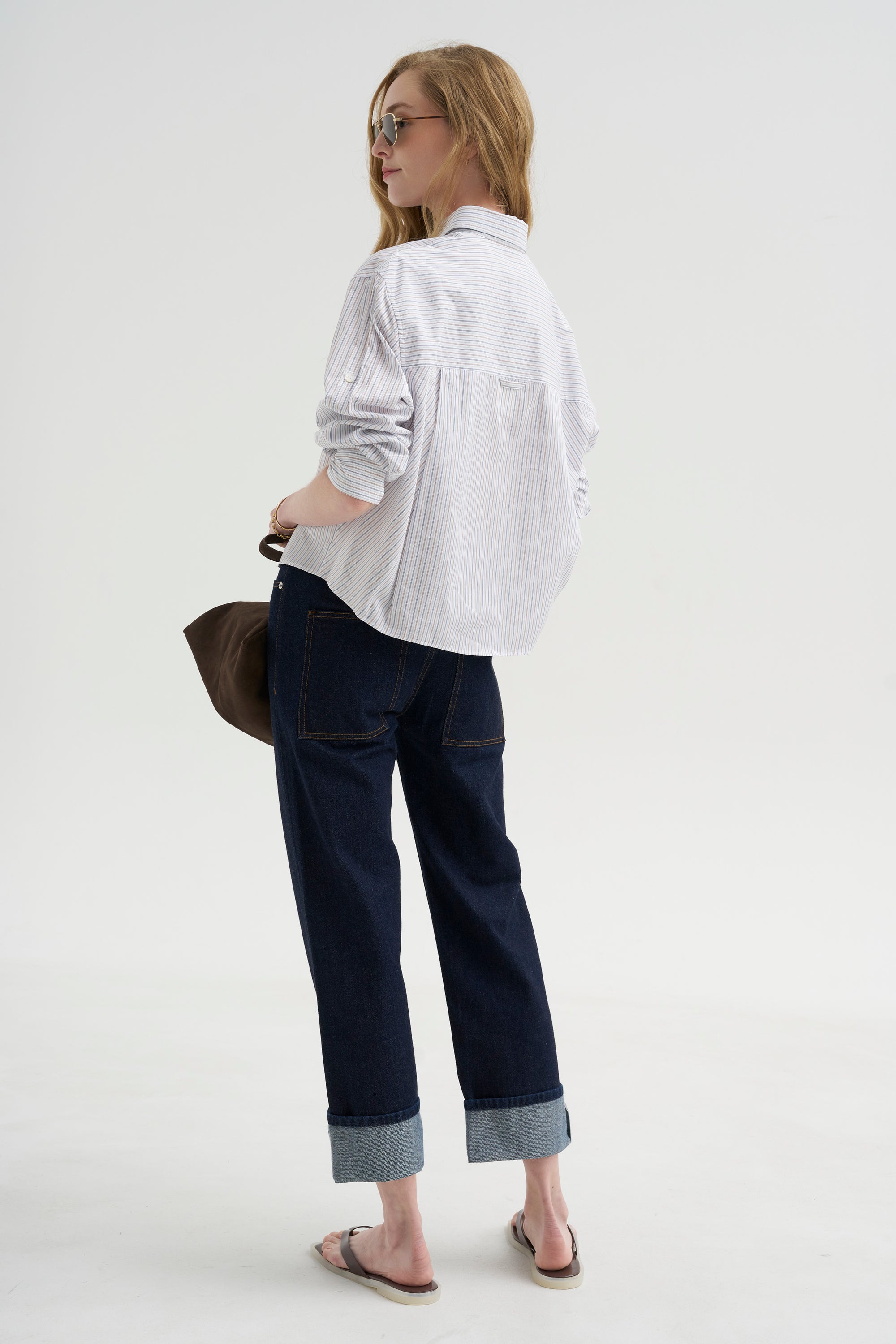 Button Sleeve Crop Shirt, White / Blue / Brown Stripe